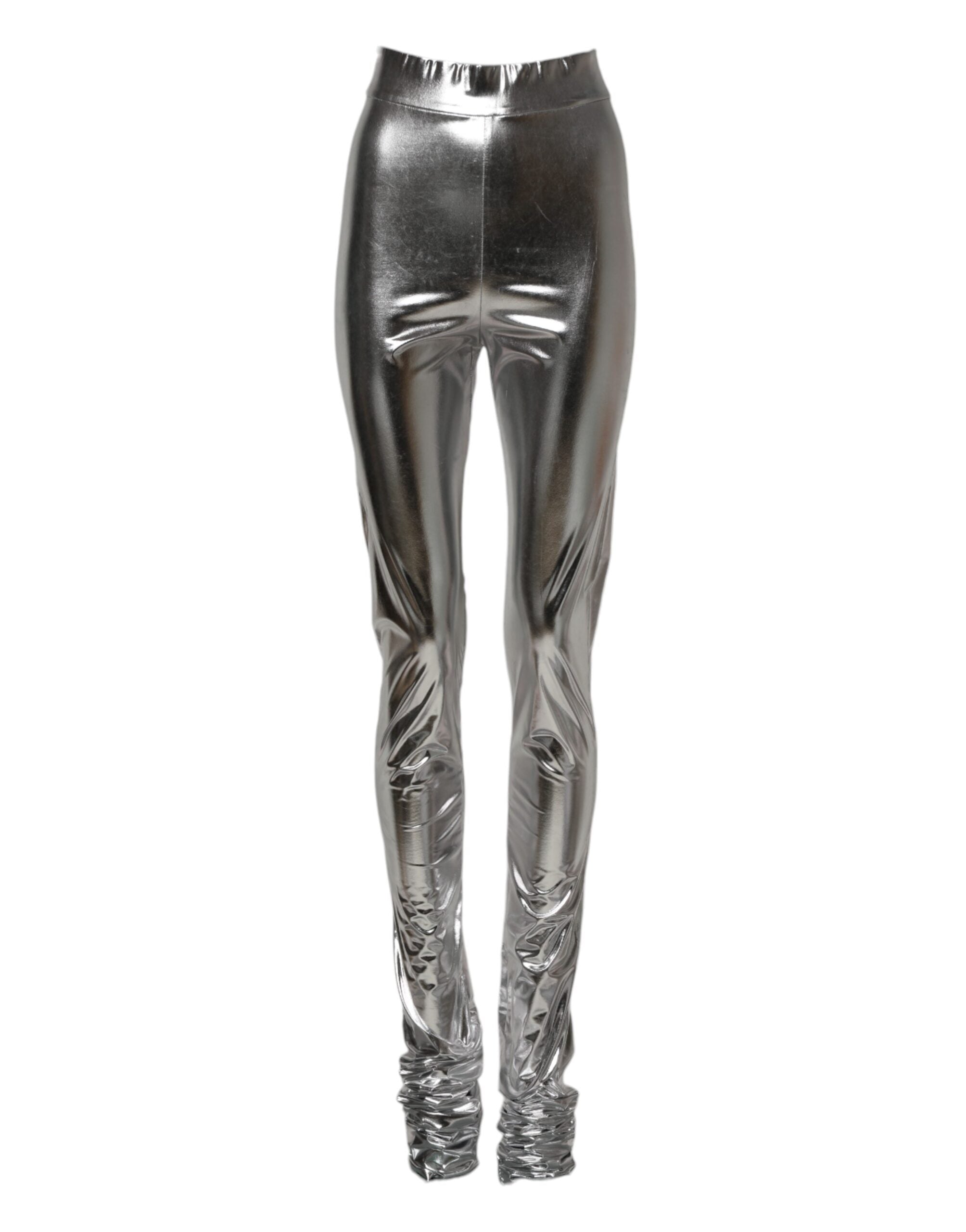 Metallic Silver Polyester Slim Fit Leggings Pants - ventzia