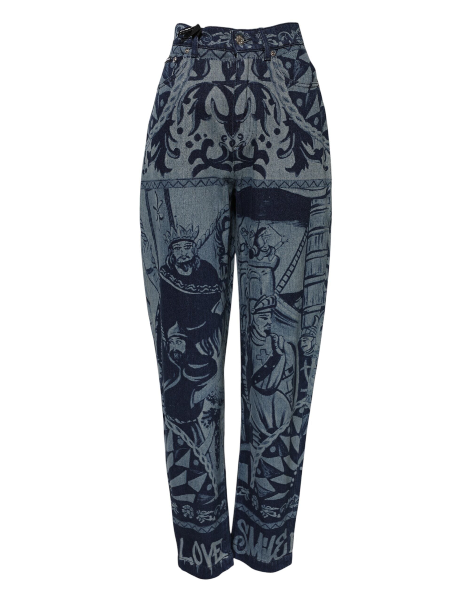 Blue Graphic Print Tapered Denim Jeans - ventzia