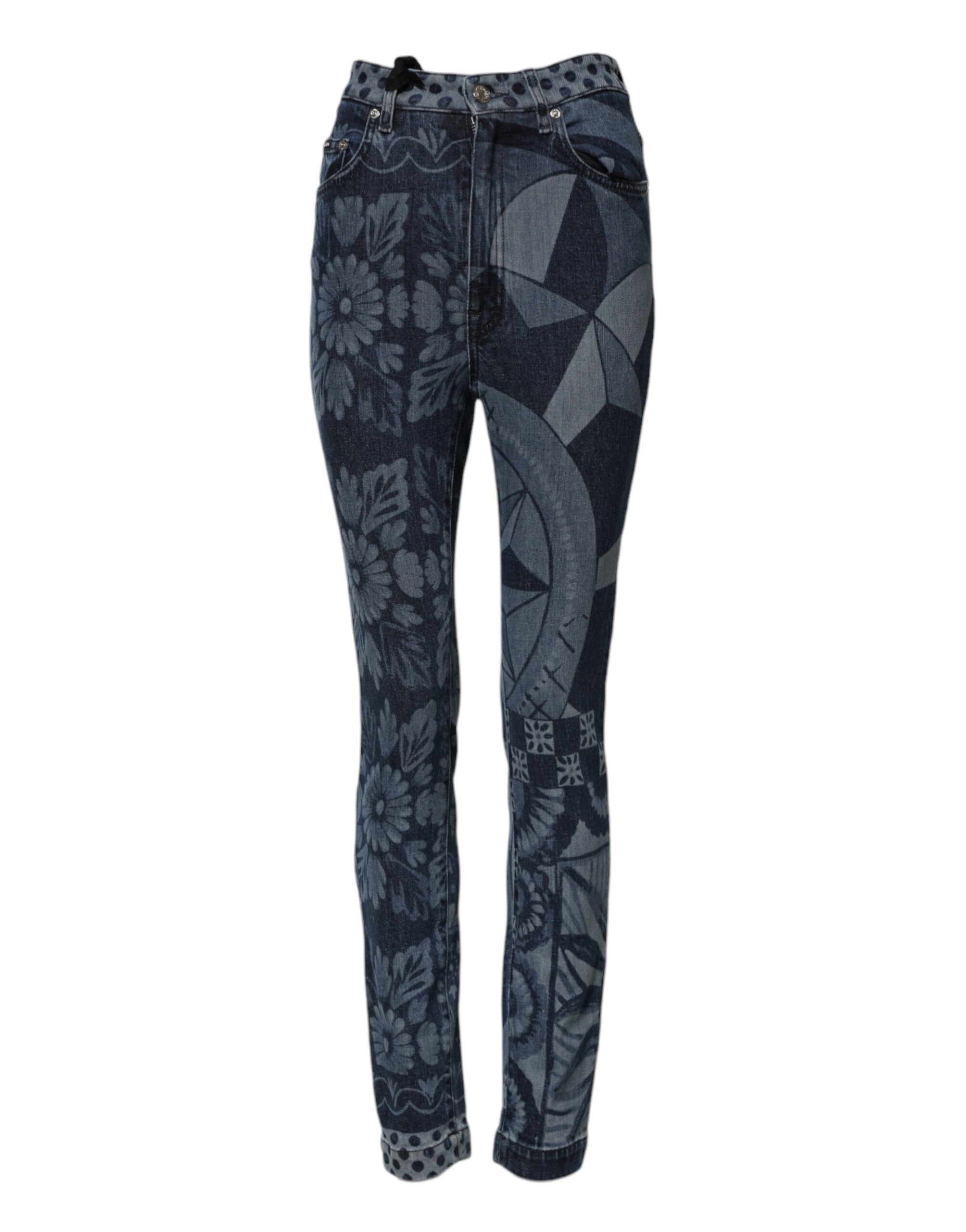 Blue Graphic Print Cotton Skinny Denim Jeans - ventzia