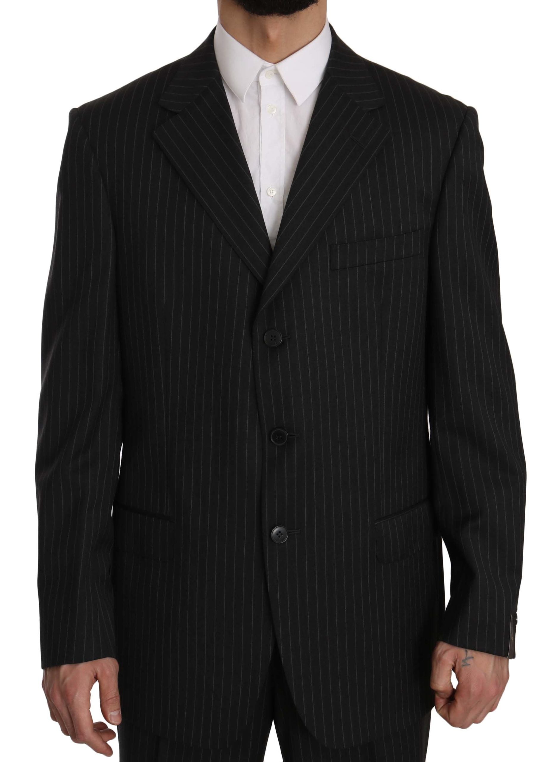 Elegant Black Striped Wool Suit - ventzia