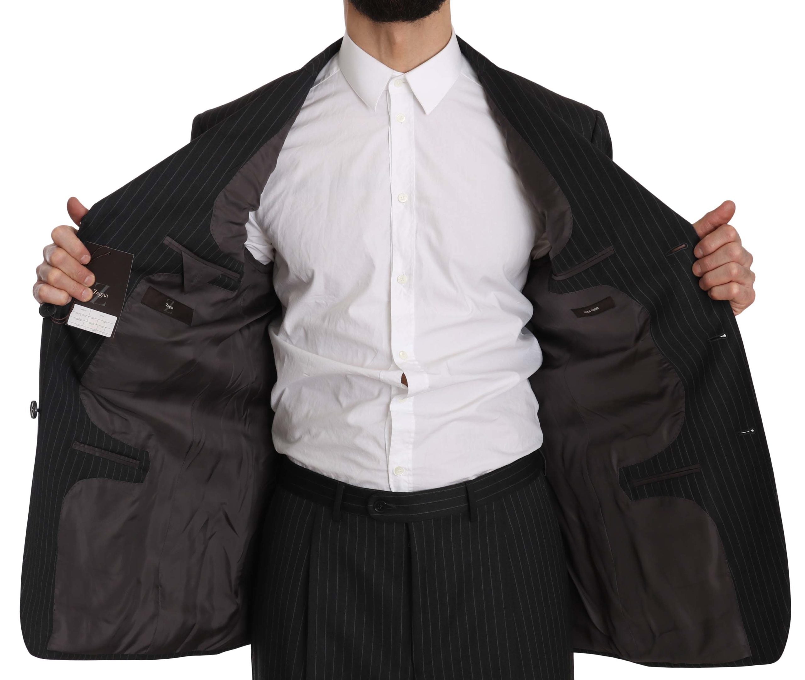 Elegant Black Striped Wool Suit - ventzia