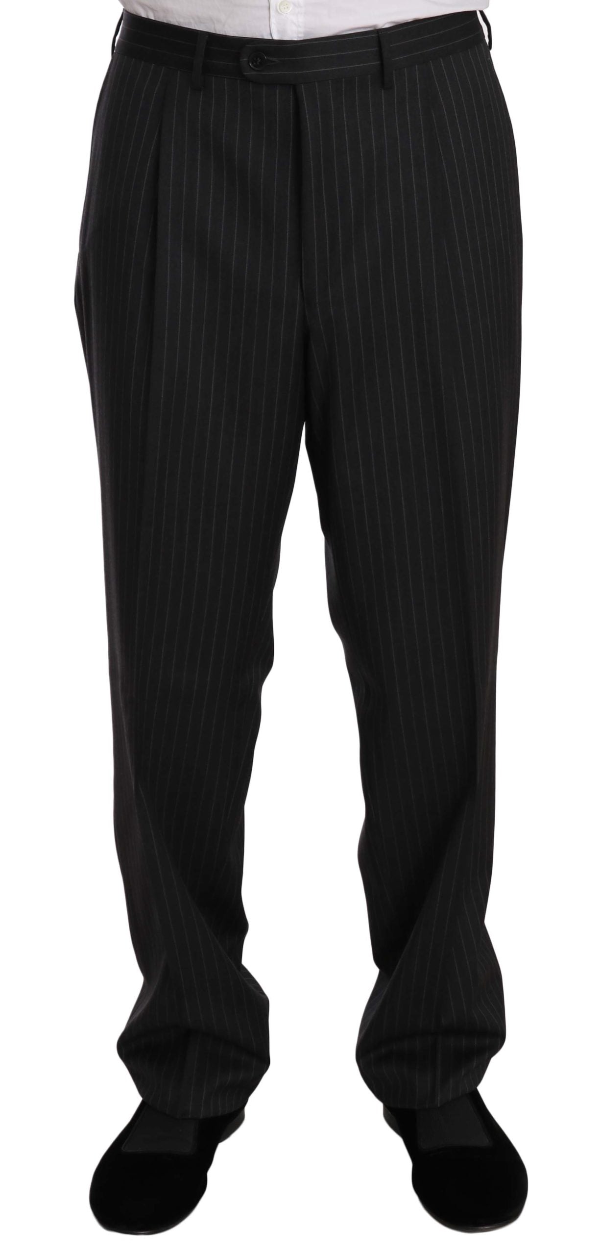 Elegant Black Striped Wool Suit - ventzia