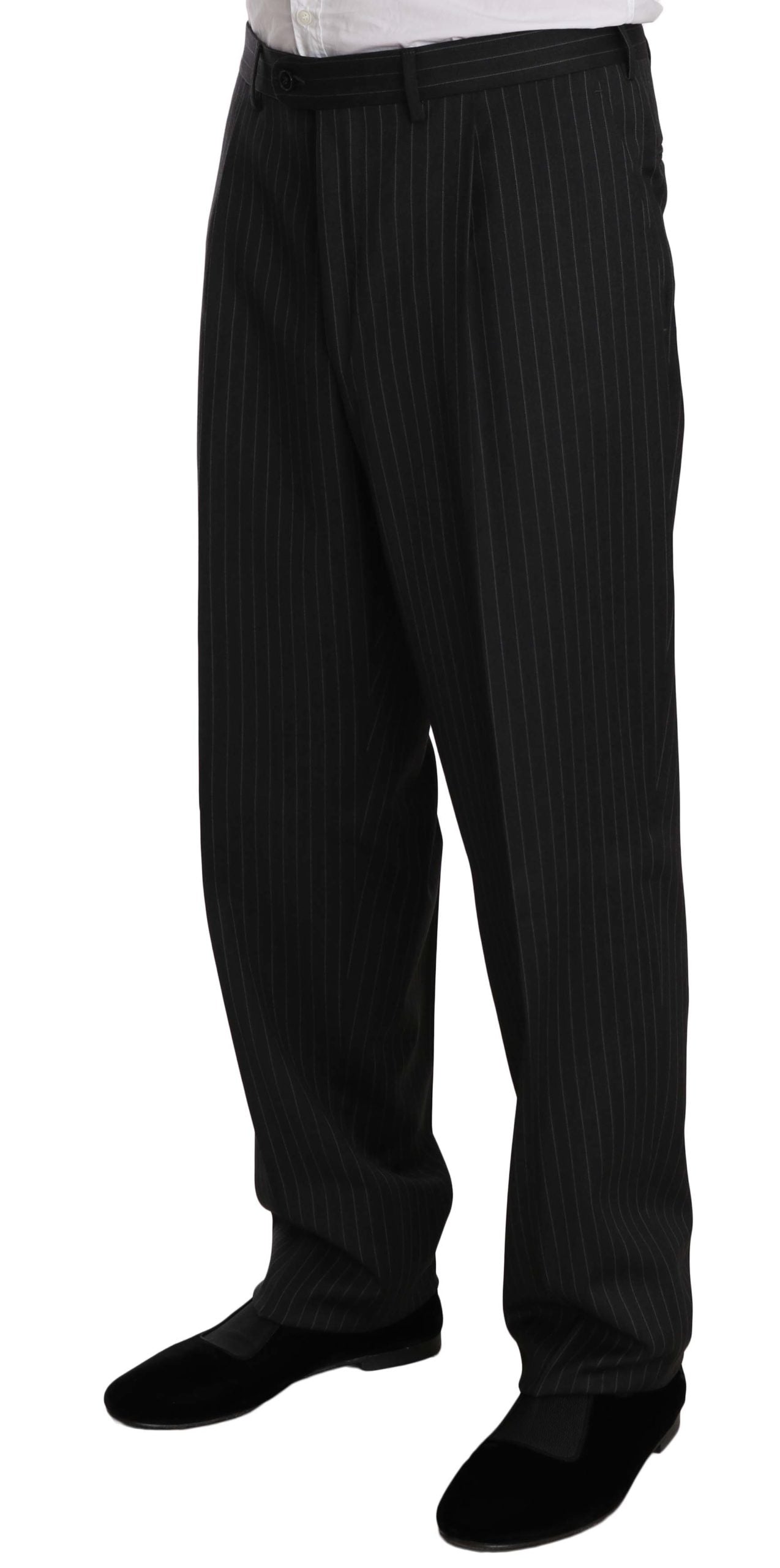 Elegant Black Striped Wool Suit - ventzia