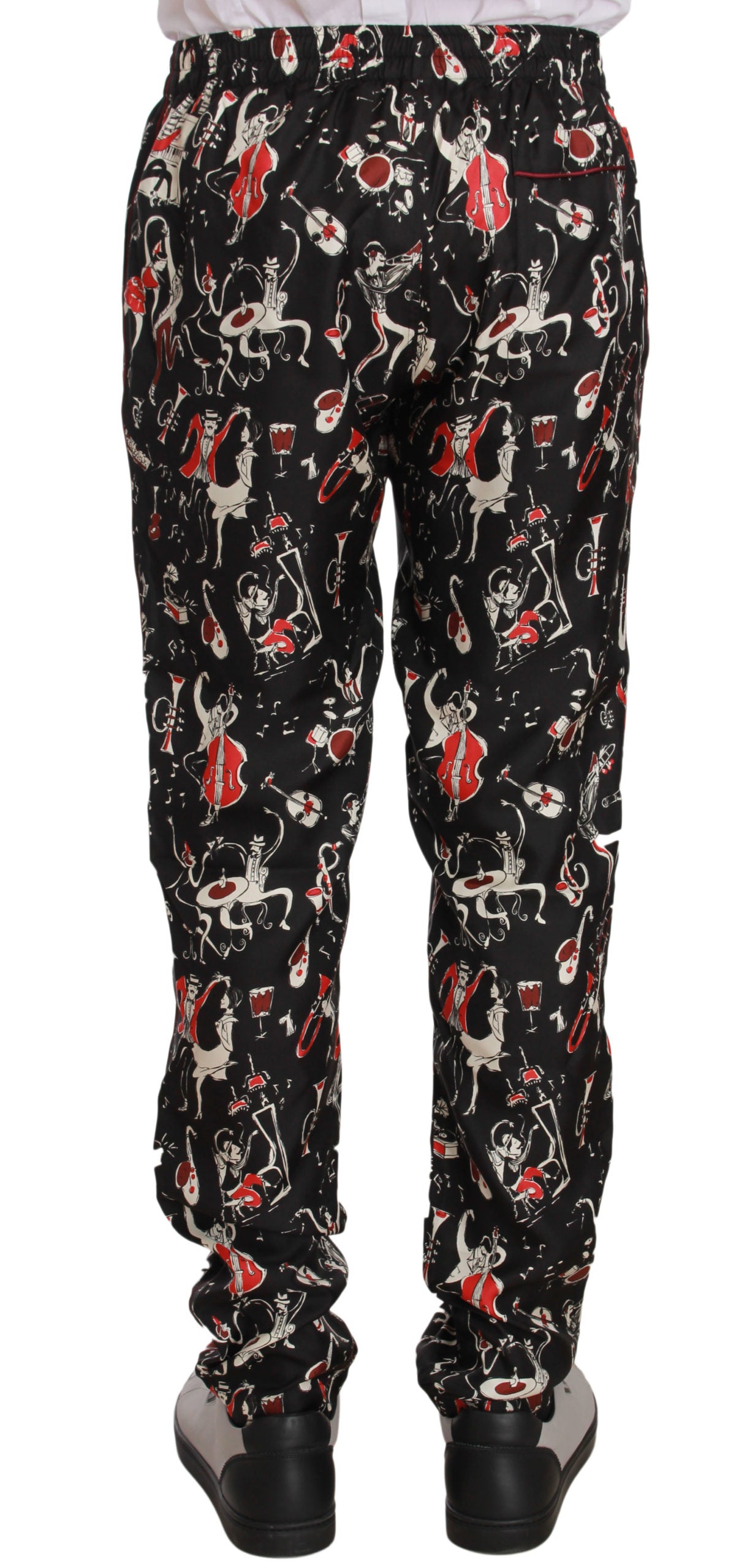 Elegant Black Silk Lounge Pants with Red Print - ventzia