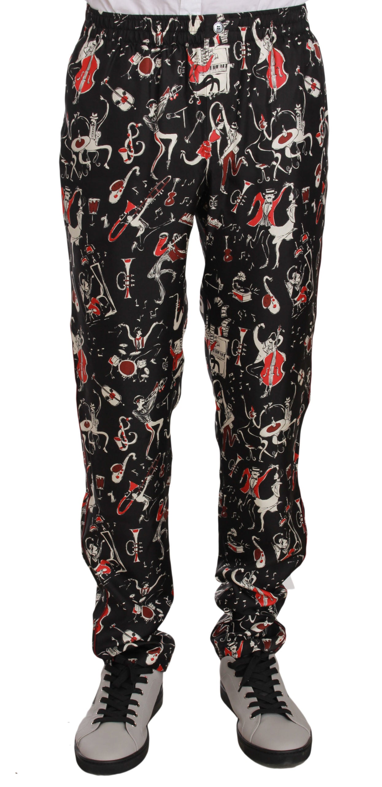 Elegant Black Silk Lounge Pants with Red Print - ventzia