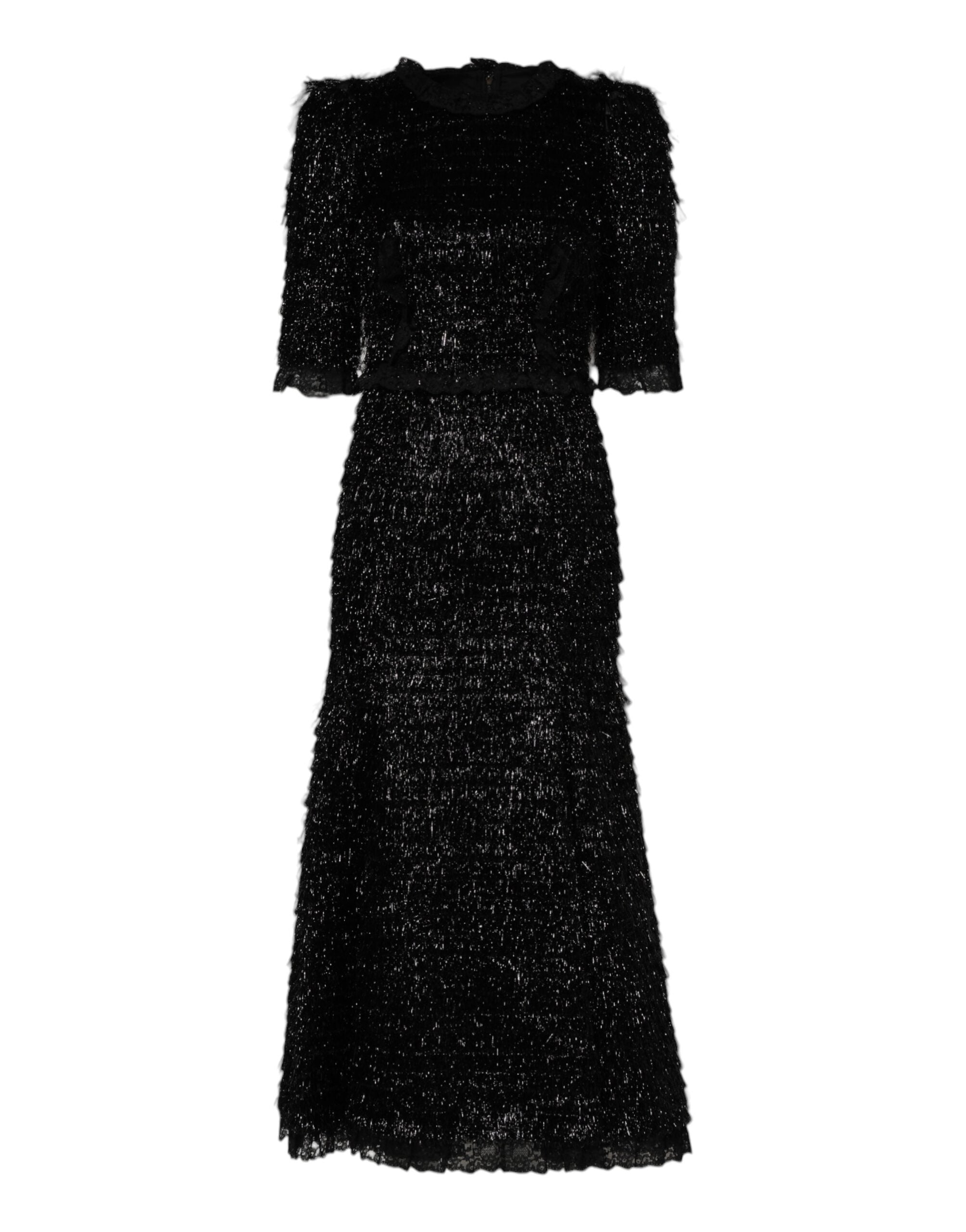 Metallic Black Polyester A-line Midi Dress - ventzia