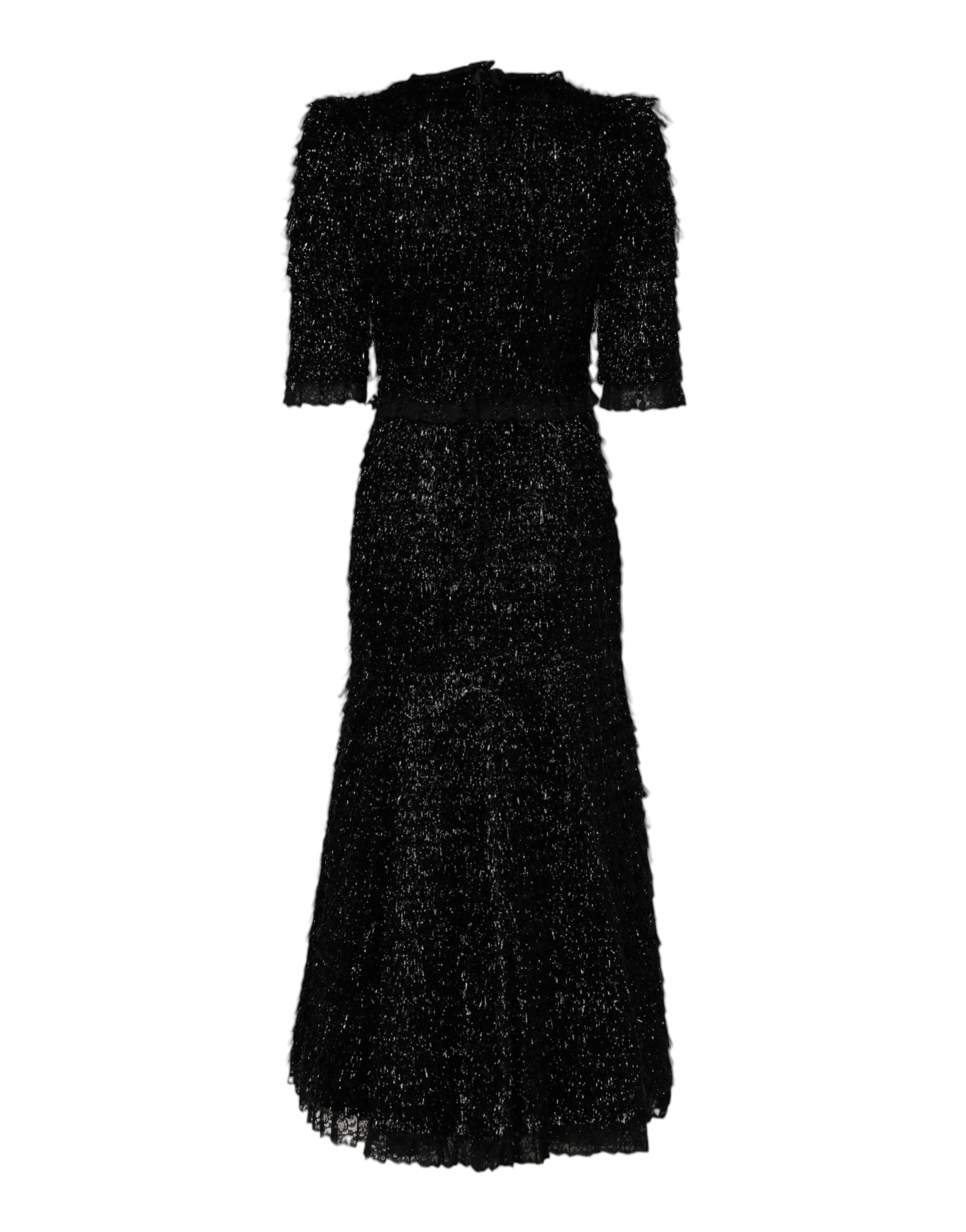 Metallic Black Polyester A-line Midi Dress - ventzia