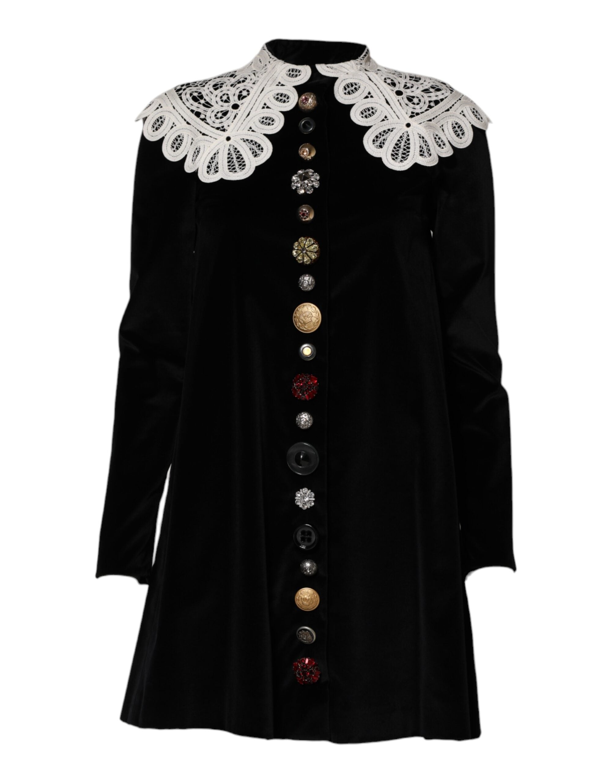 Black Velvet Lace Collared Embellished Dress - ventzia
