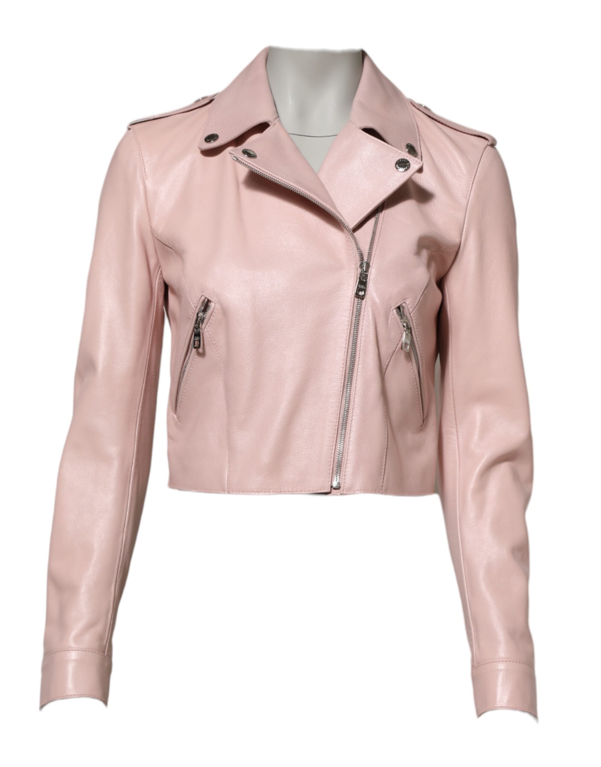 Light Pink Collar Leather Women Biker Jacket - ventzia