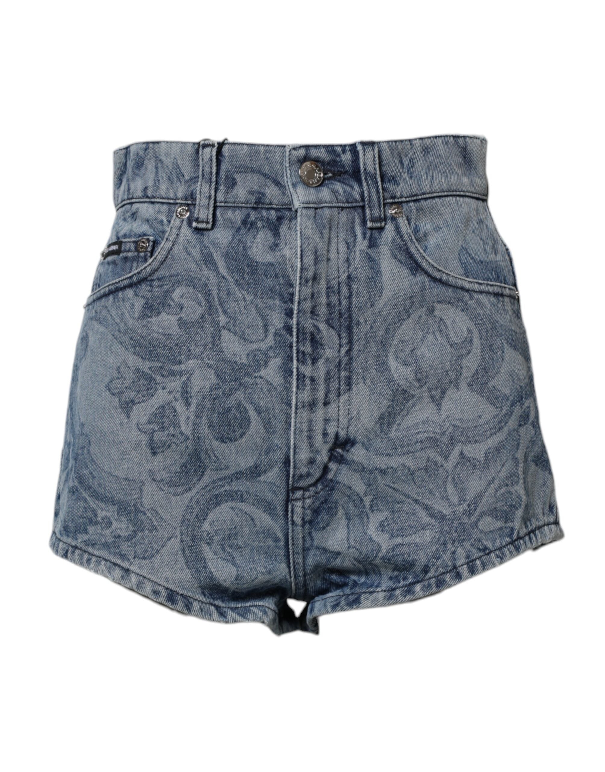 Blue Floral Print Denim Cotton Hot Pants Shorts - ventzia