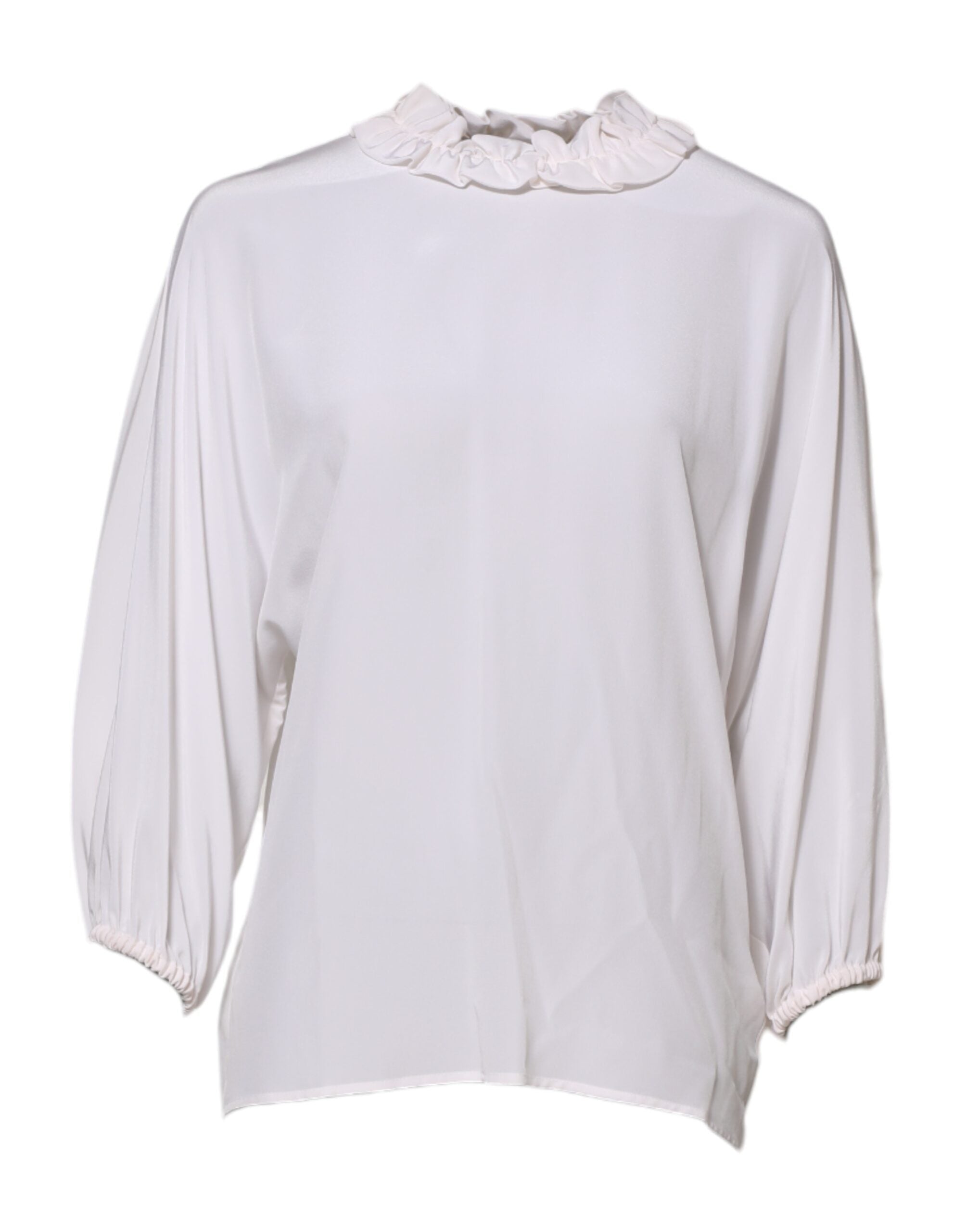 White Ruffled Neckline Blouse Pullover Top - ventzia