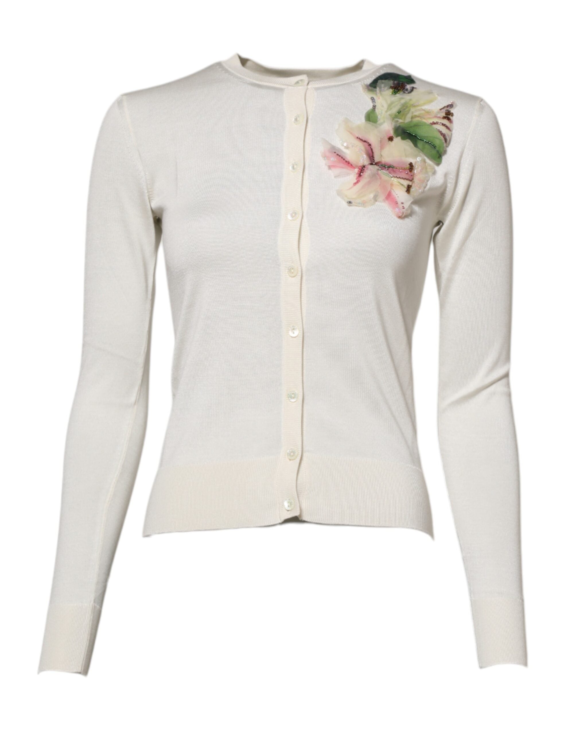 White Silk Lily Buttoned Cardigan Sweater - ventzia