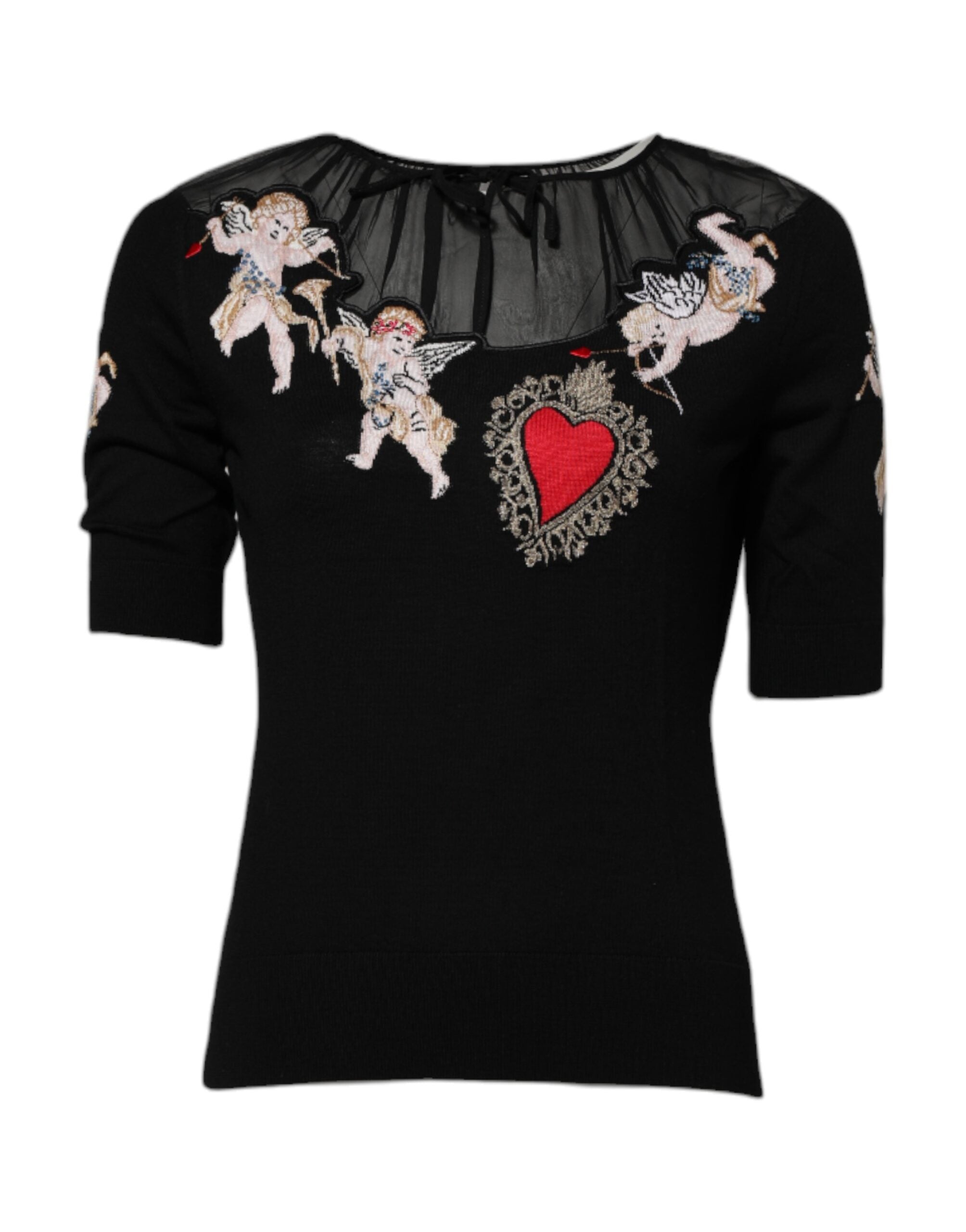 Black Sacred Heart Embroidered Crewneck Top - ventzia