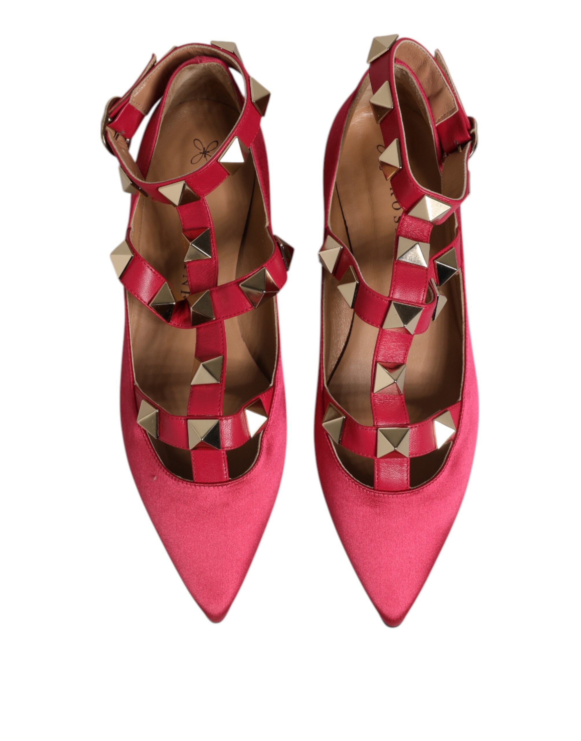 Red Gold Studded Pointed Toe Ballet Flats Shoes - ventzia