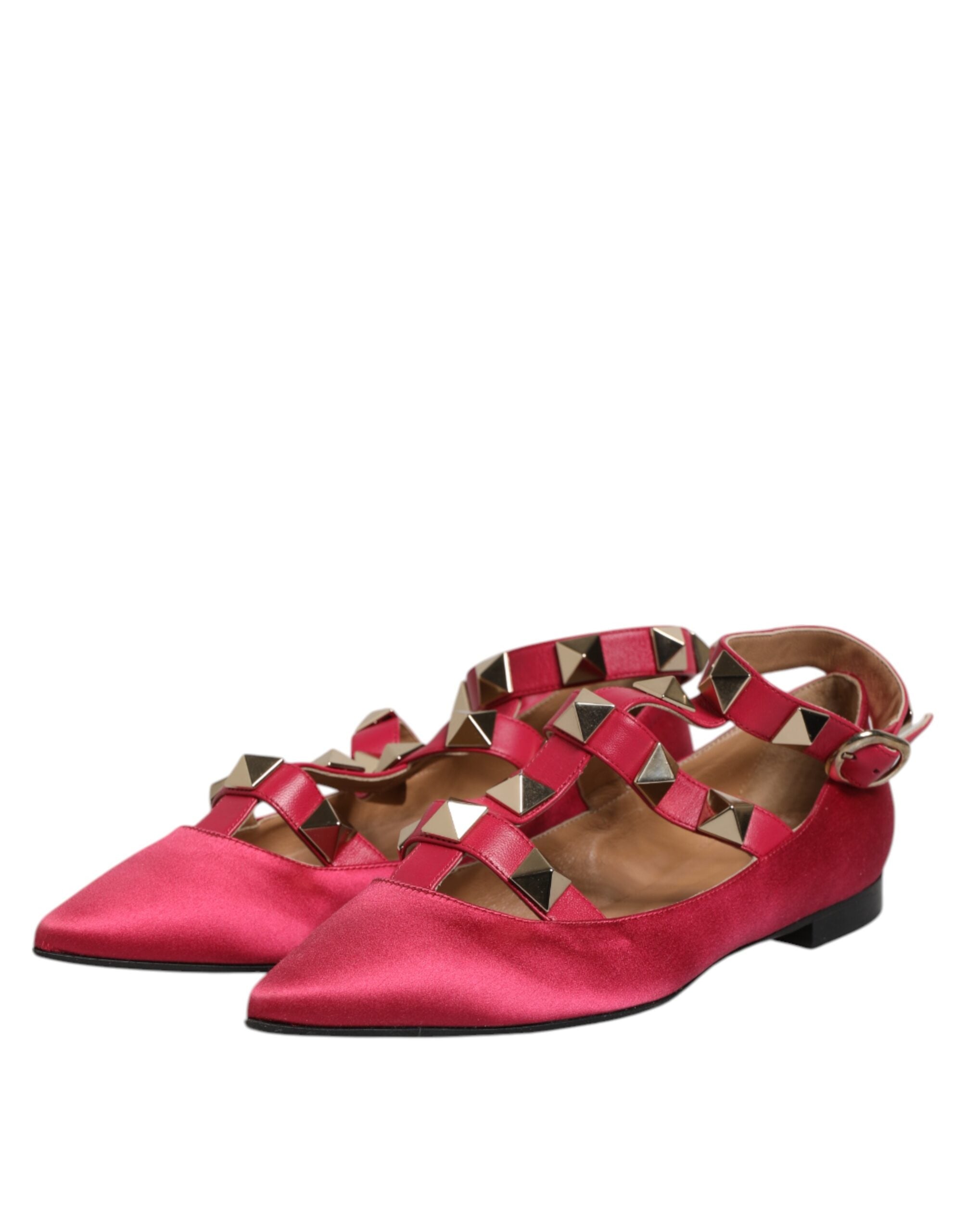 Red Gold Studded Pointed Toe Ballet Flats Shoes - ventzia