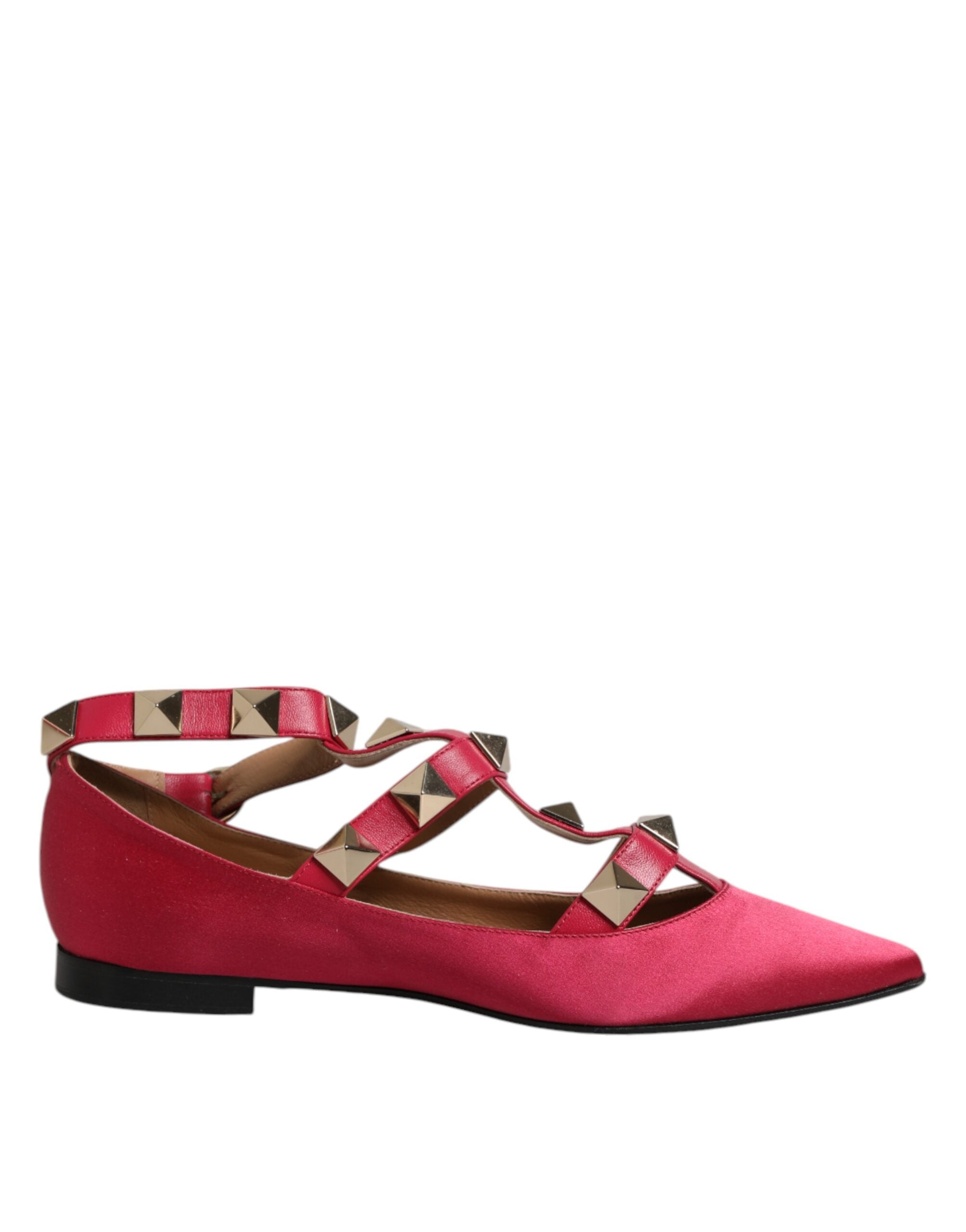 Red Gold Studded Pointed Toe Ballet Flats Shoes - ventzia