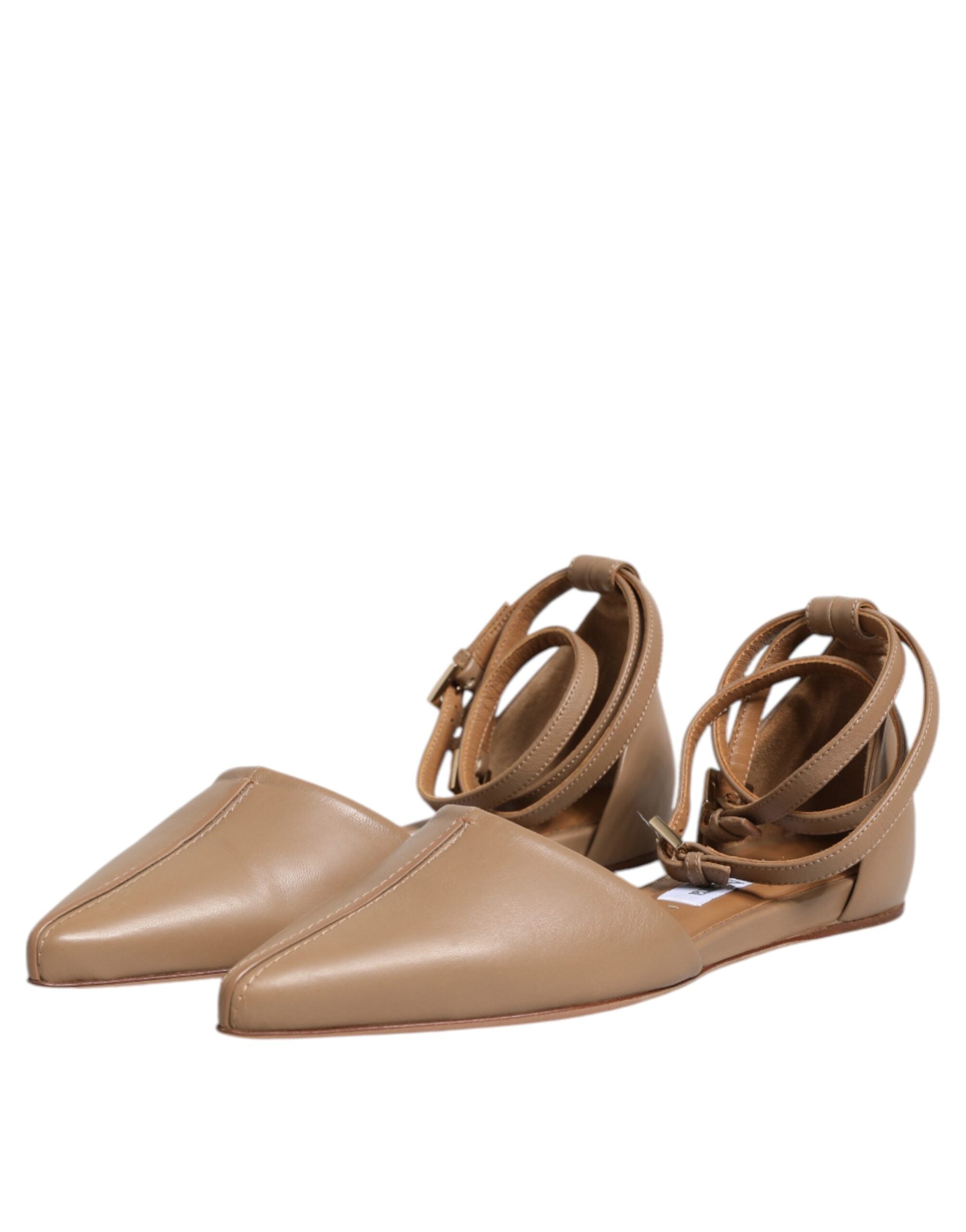 Beige Leather Pointed Toe Sandals Ballet Flat Shoes - ventzia