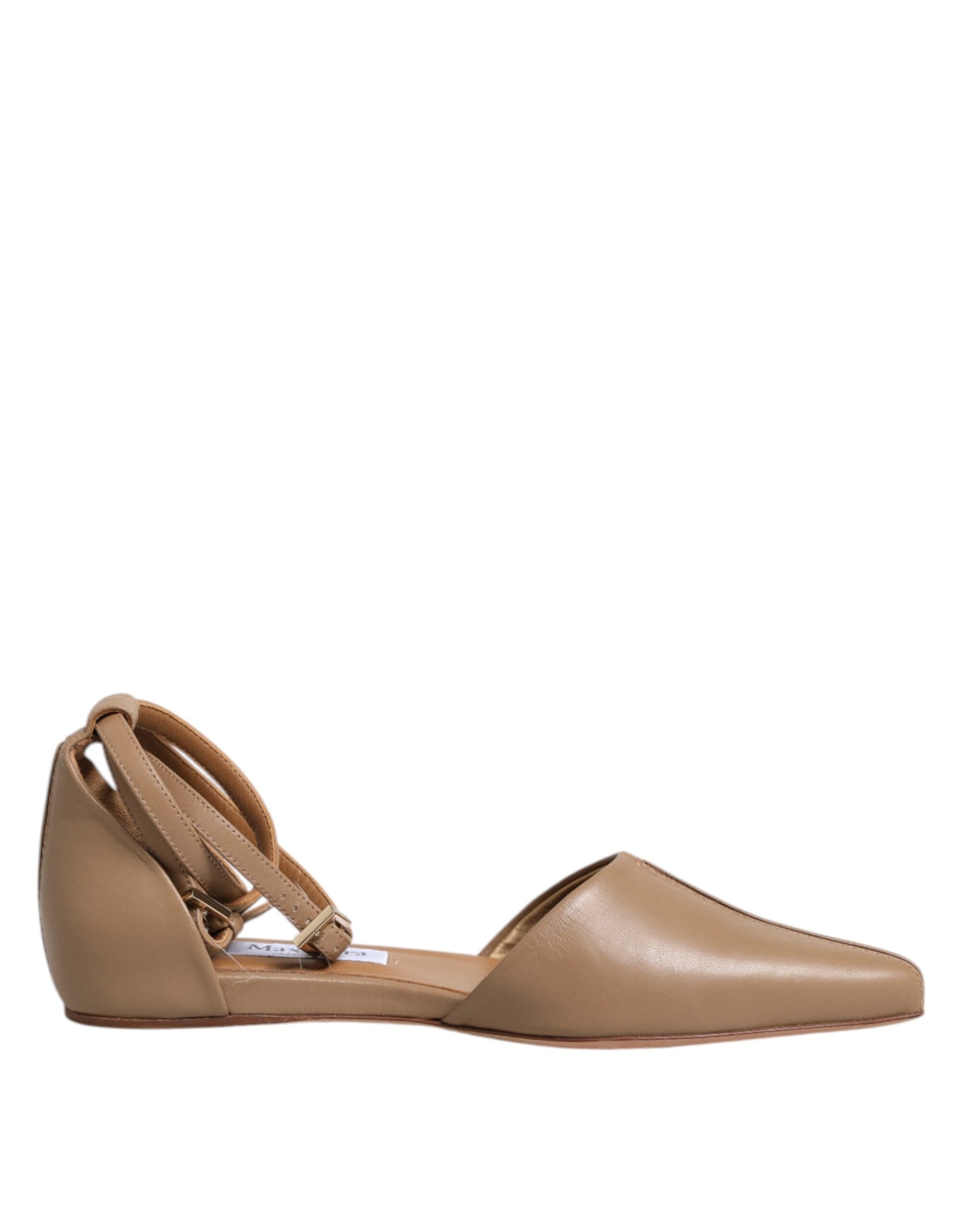 Beige Leather Pointed Toe Sandals Ballet Flat Shoes - ventzia