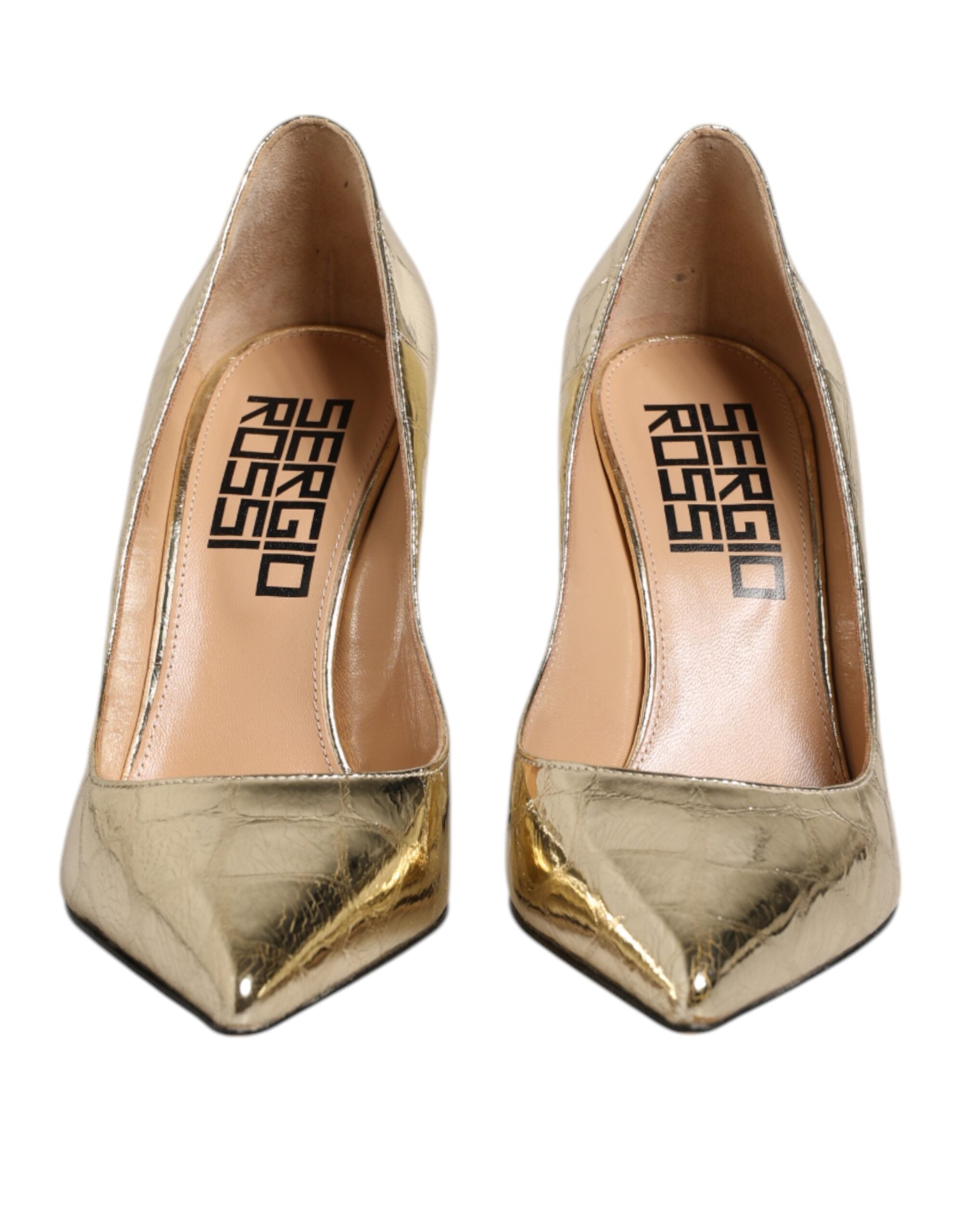 Gold Leather Pointed Toe Block Heels Shoes - ventzia