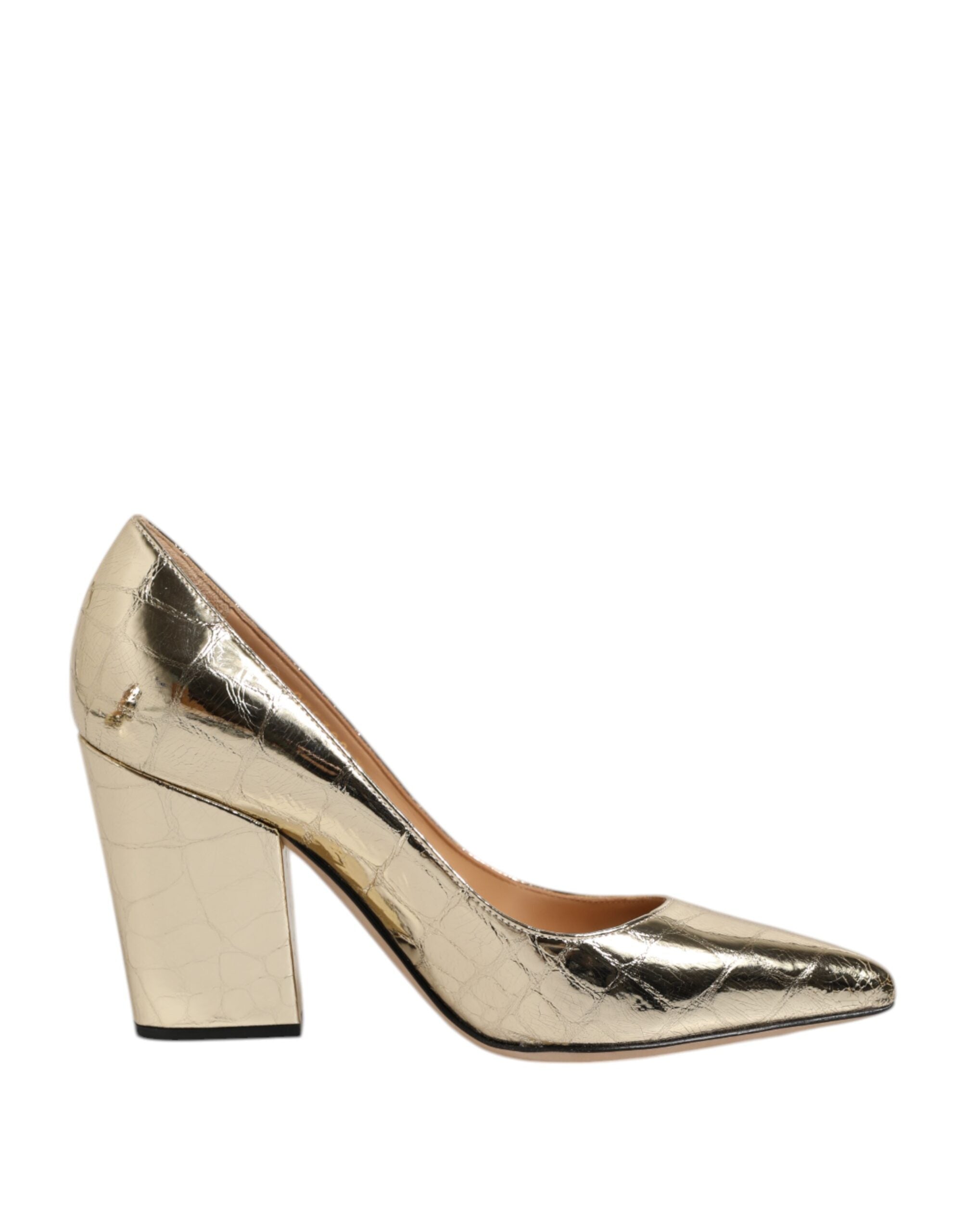 Gold Leather Pointed Toe Block Heels Shoes - ventzia