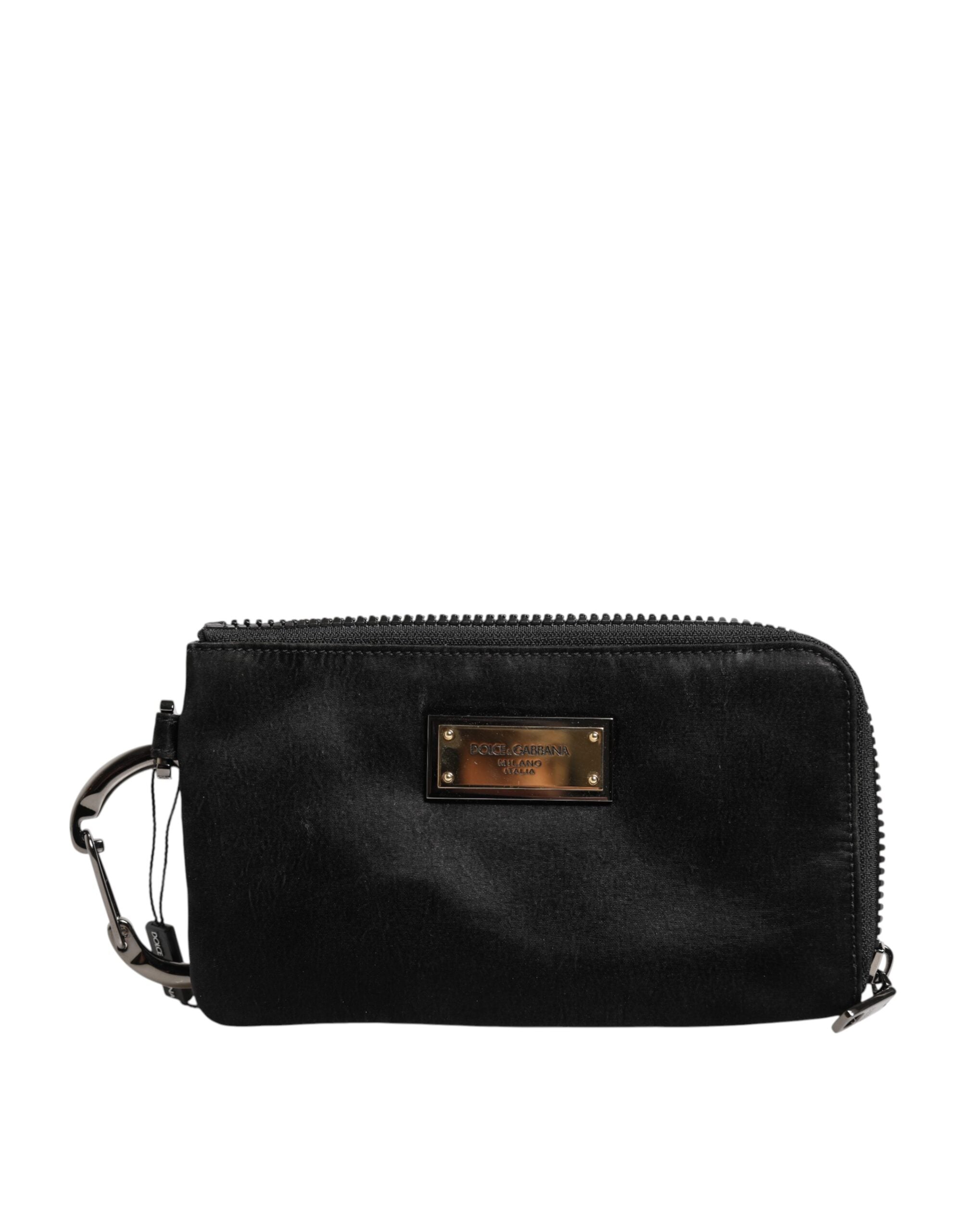 Black Nylon Logo Plaque Keyring Pouch Clutch Bag - ventzia