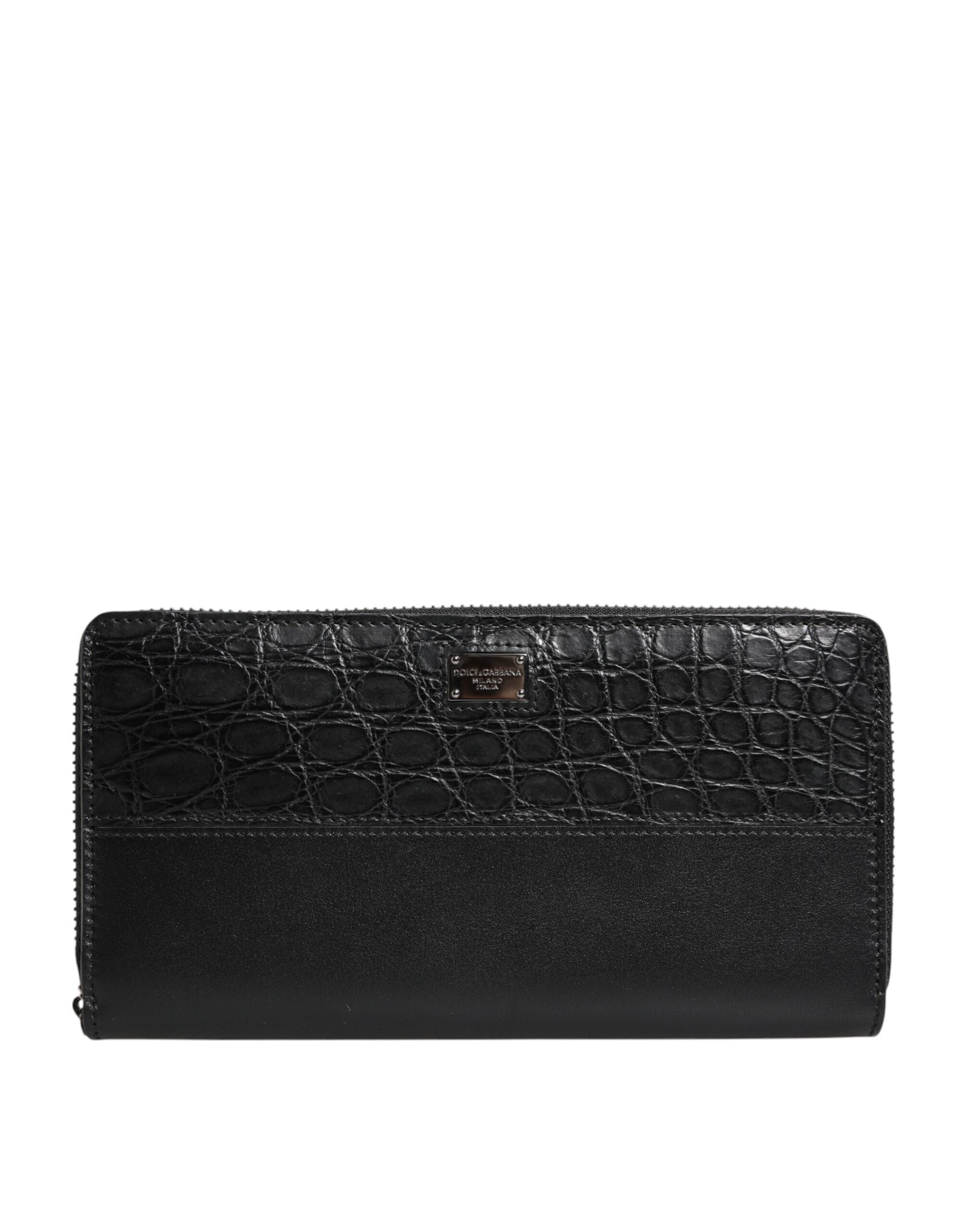 Black Leather Logo Plaque Zip Around Continental Wallet - ventzia