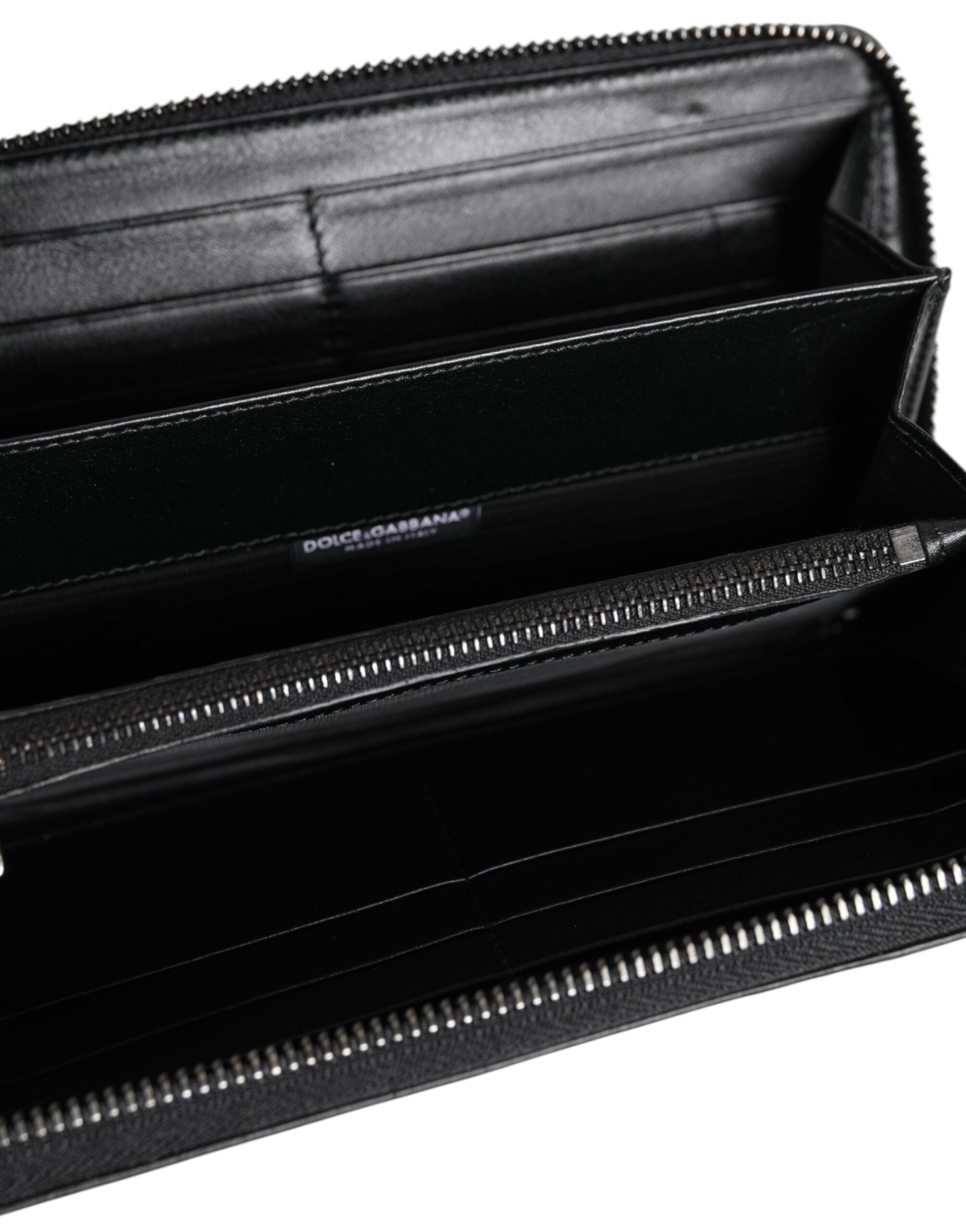 Black Leather Logo Plaque Zip Around Continental Wallet - ventzia