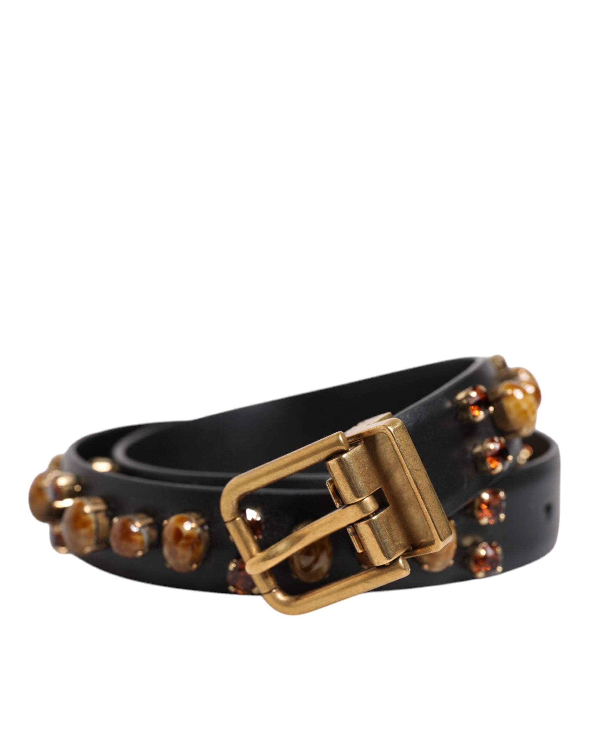 Black Leather Studded Gold Tone Buckle Belt - ventzia