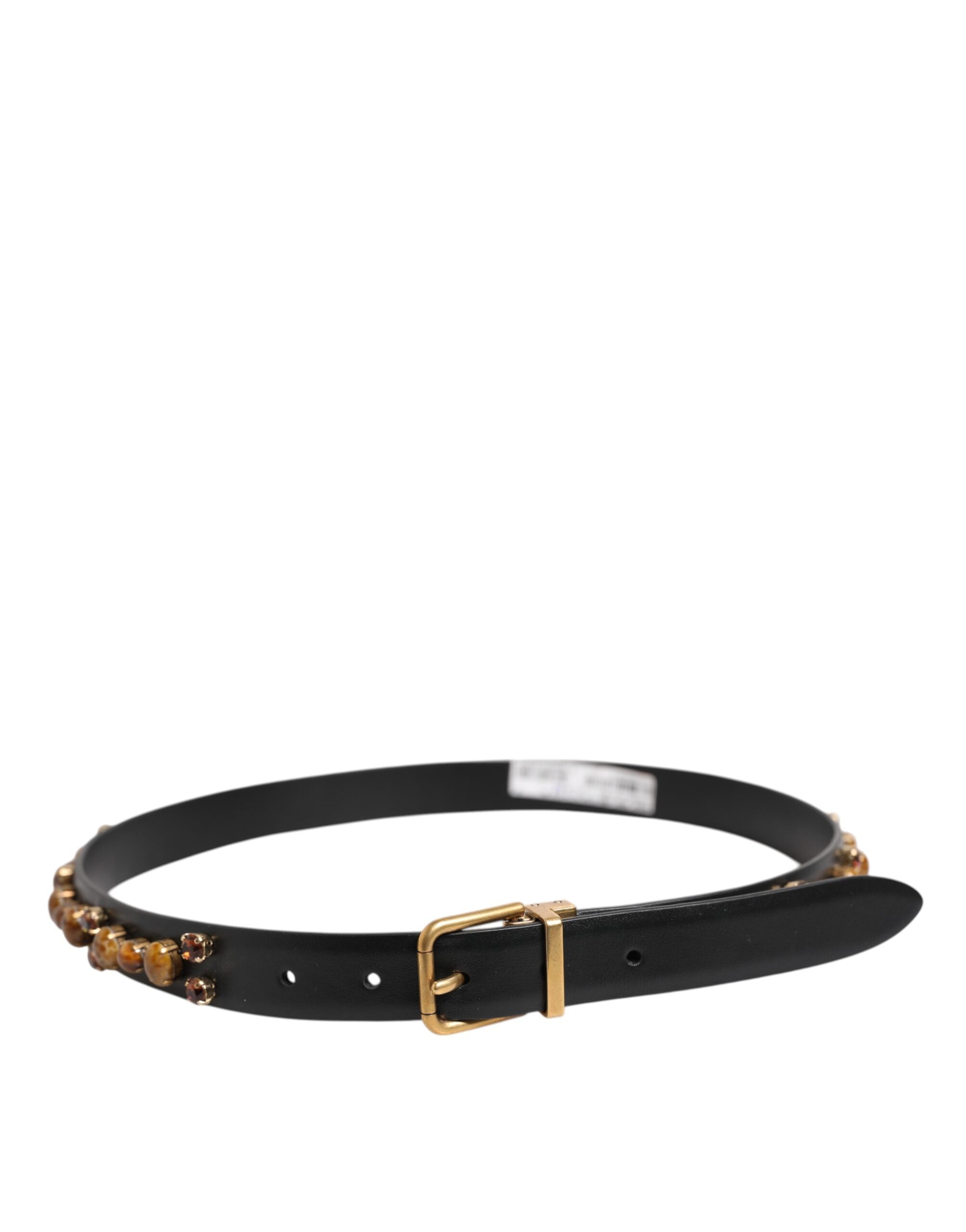 Black Leather Studded Gold Tone Buckle Belt - ventzia
