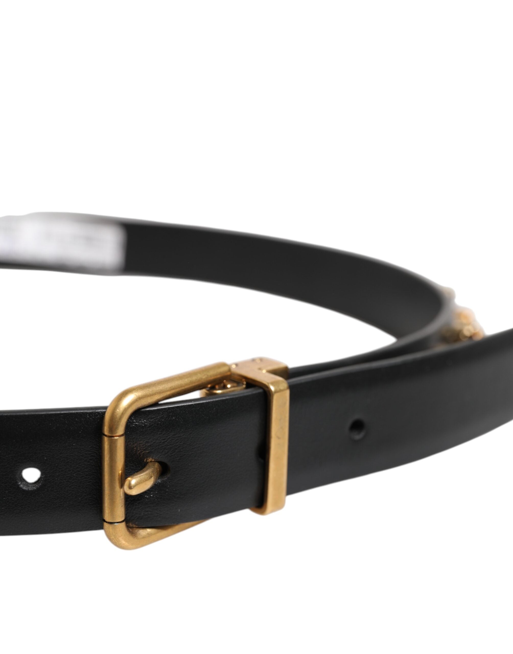 Black Leather Studded Gold Tone Buckle Belt - ventzia