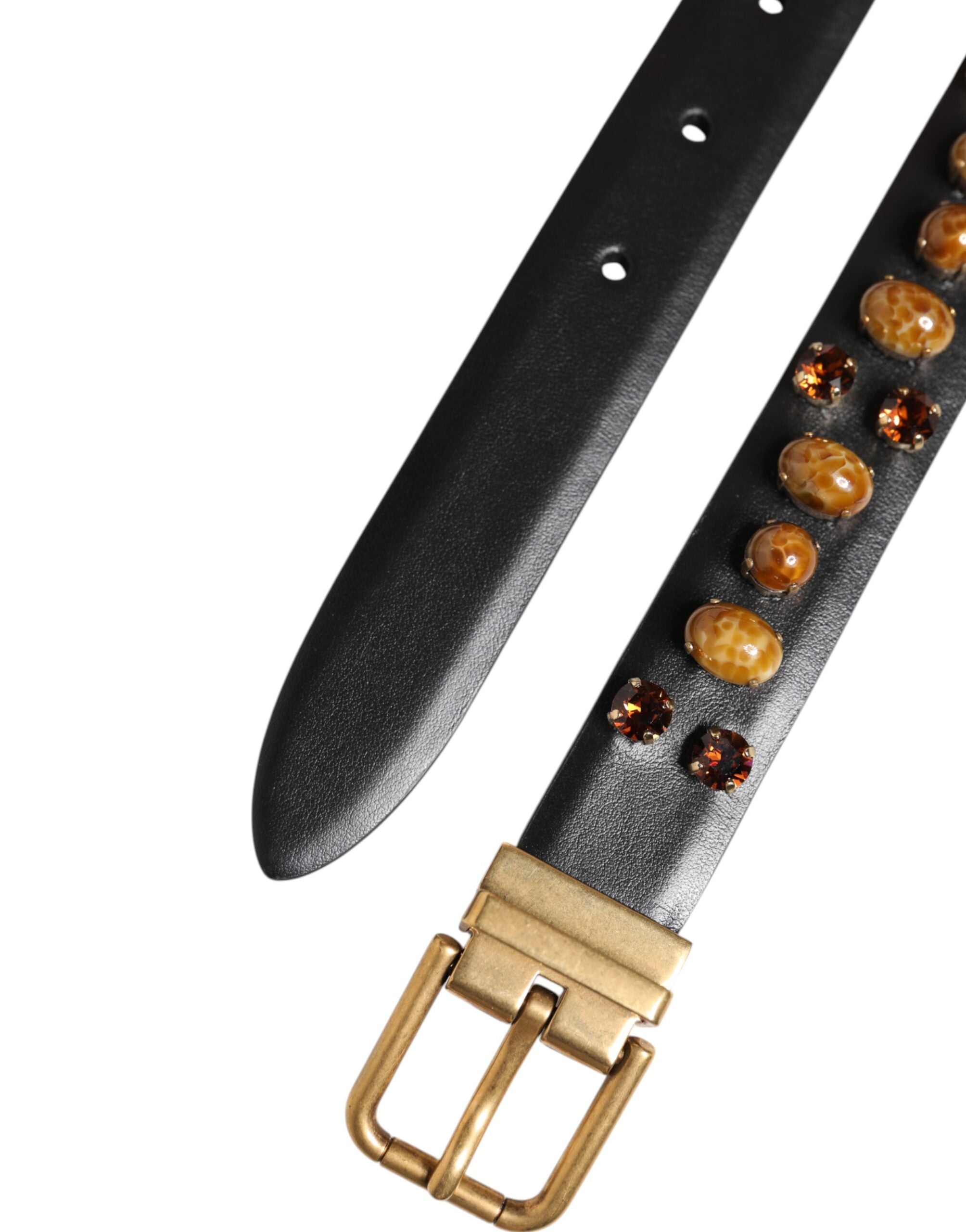 Black Leather Studded Gold Tone Buckle Belt - ventzia