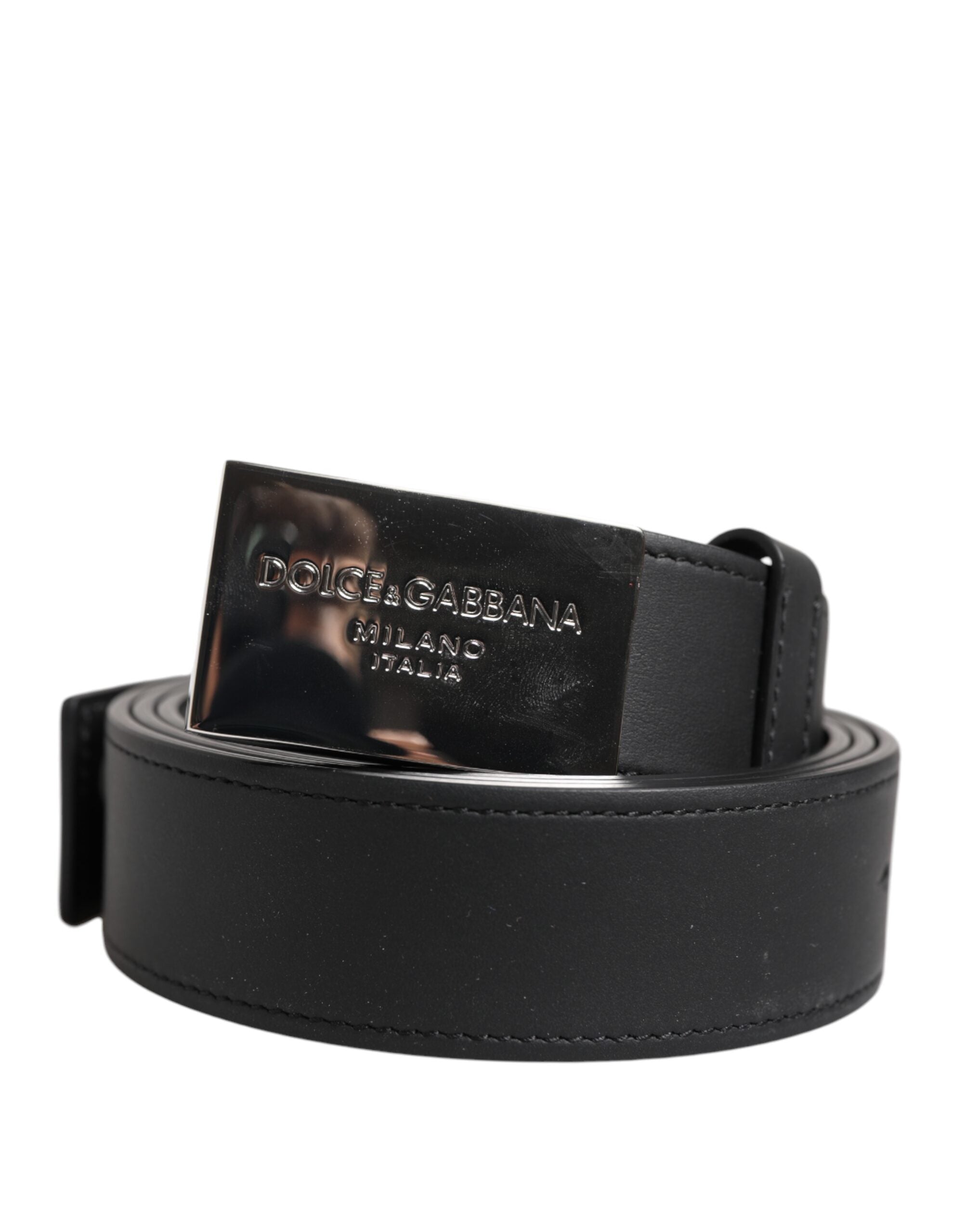 Black Leather Silver Metal Logo Buckle Belt - ventzia