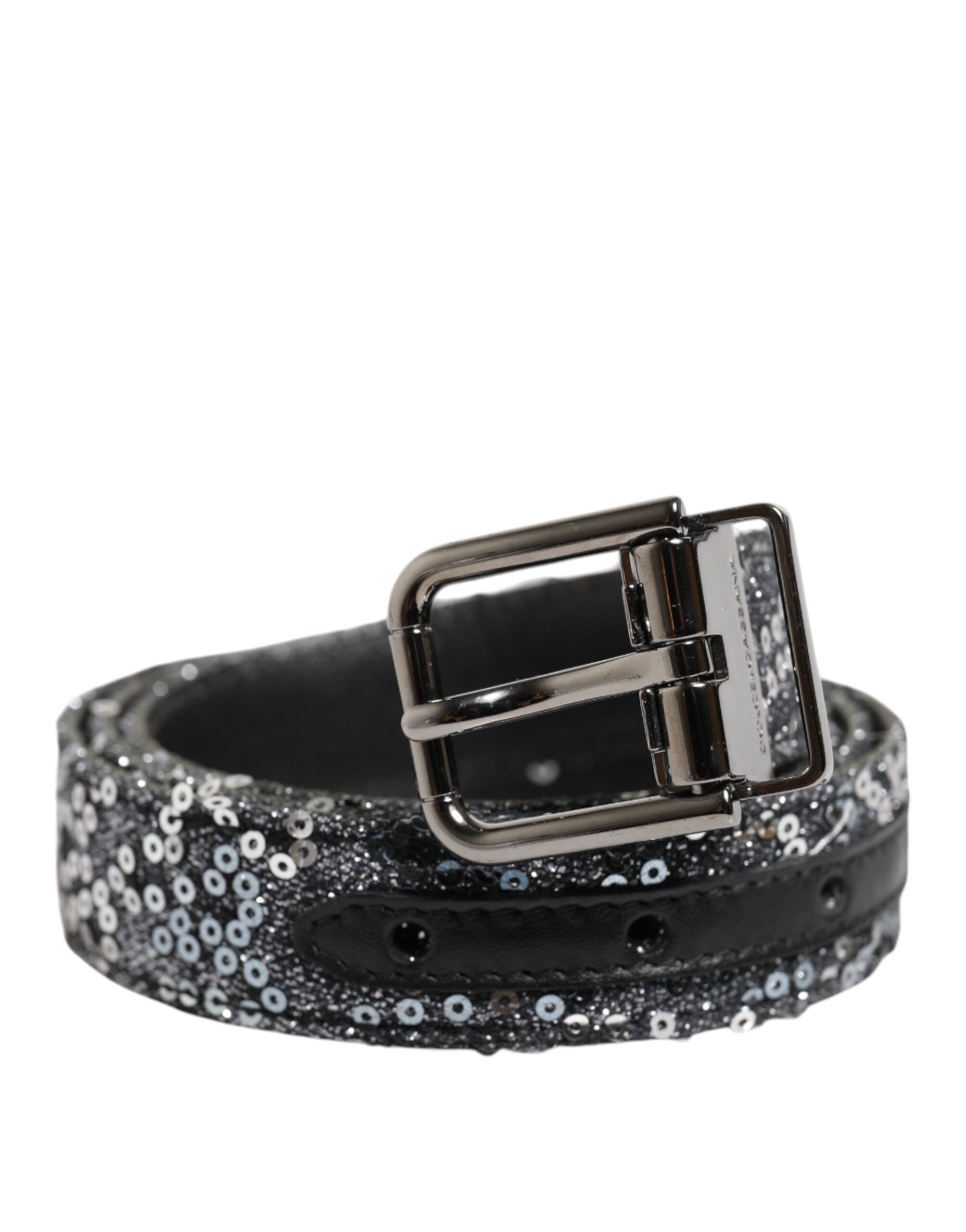 Black Sequins Silver Metal Logo Buckle Belt - ventzia