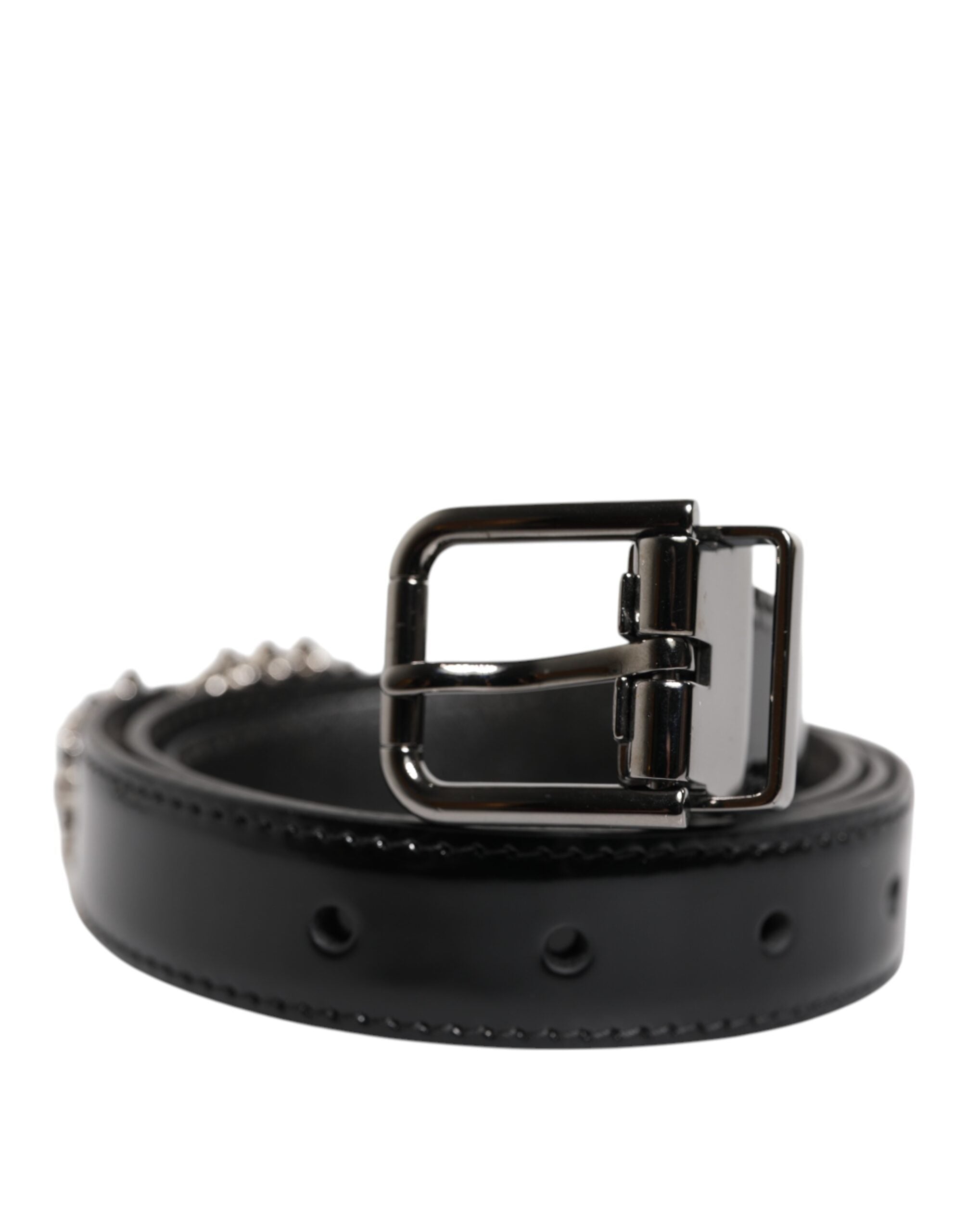 Black Embellished Metal Logo Buckle Belt - ventzia