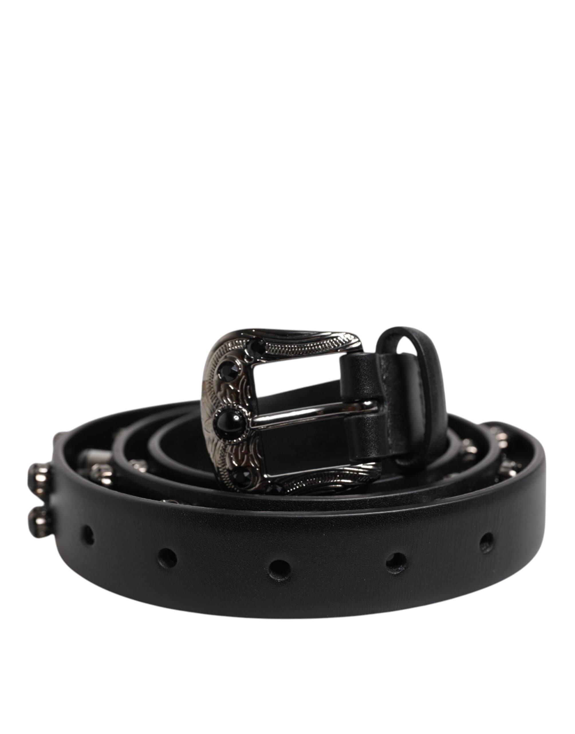 Black Studded Leather Metal Logo Buckle Belt - ventzia