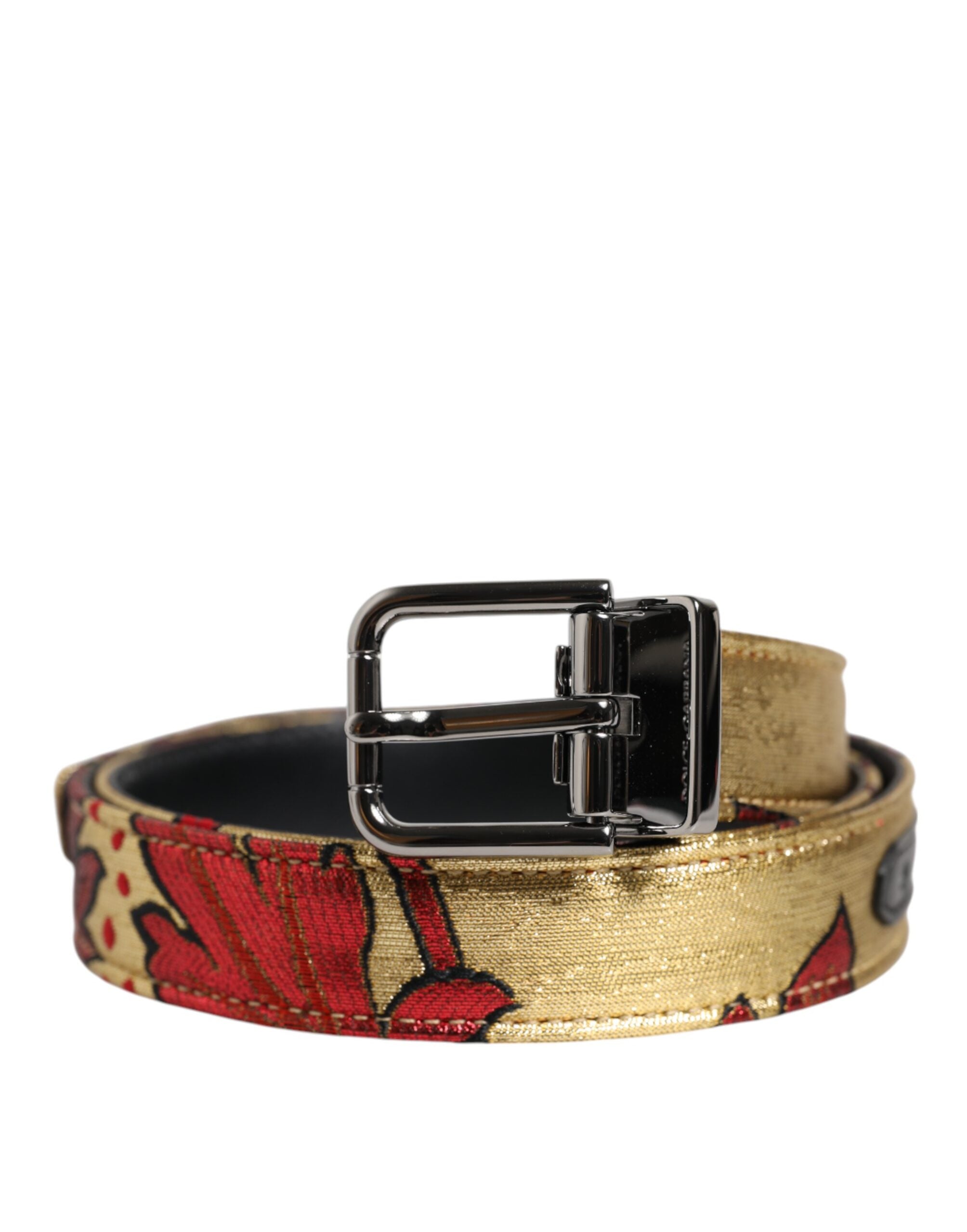 Gold Floral Jacquard Silver Metal Buckle Belt - ventzia