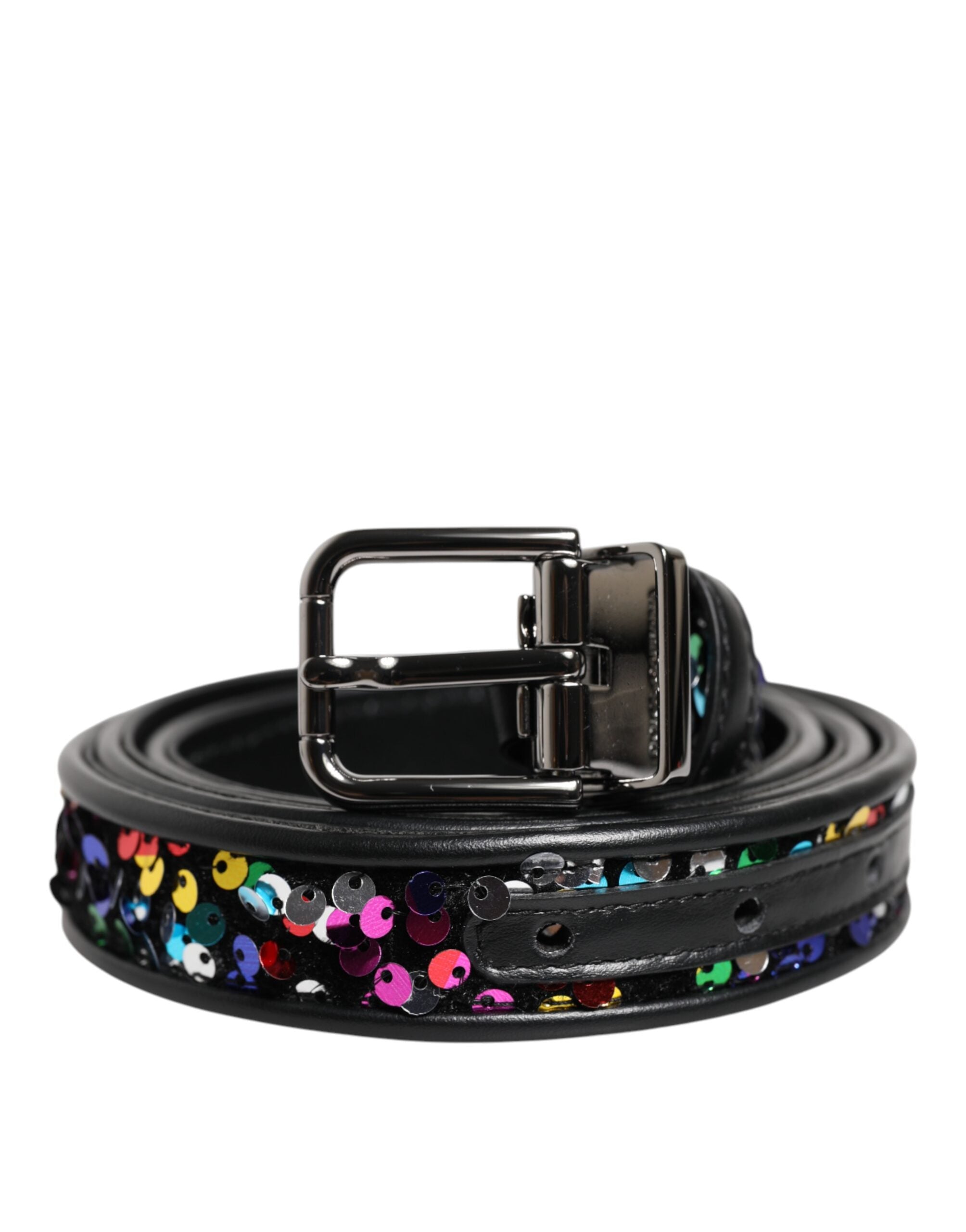 Black Sequin Embellished Metal Buckle Belt - ventzia