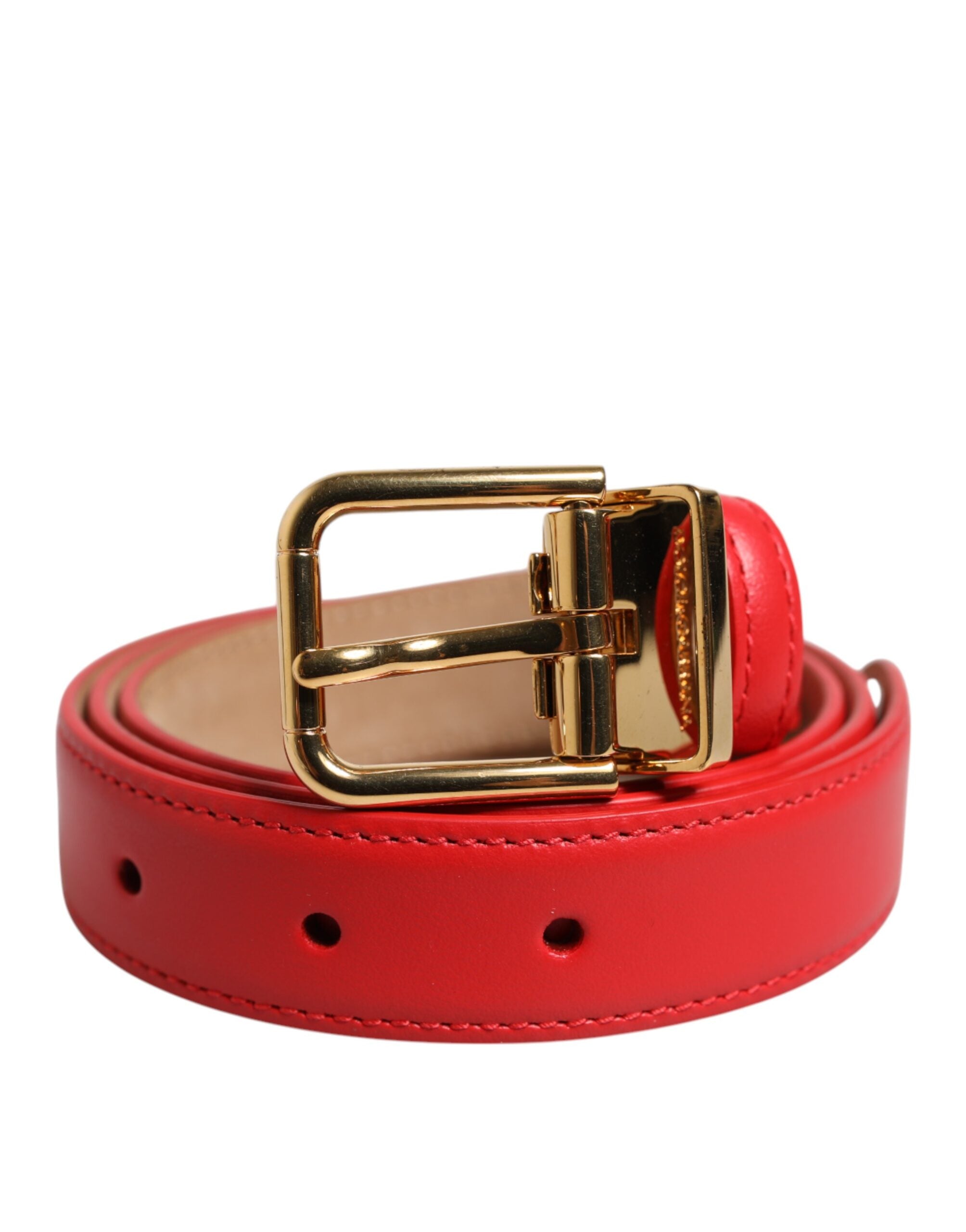 Red Leather Gold Metal Buckle Cintura Belt - ventzia