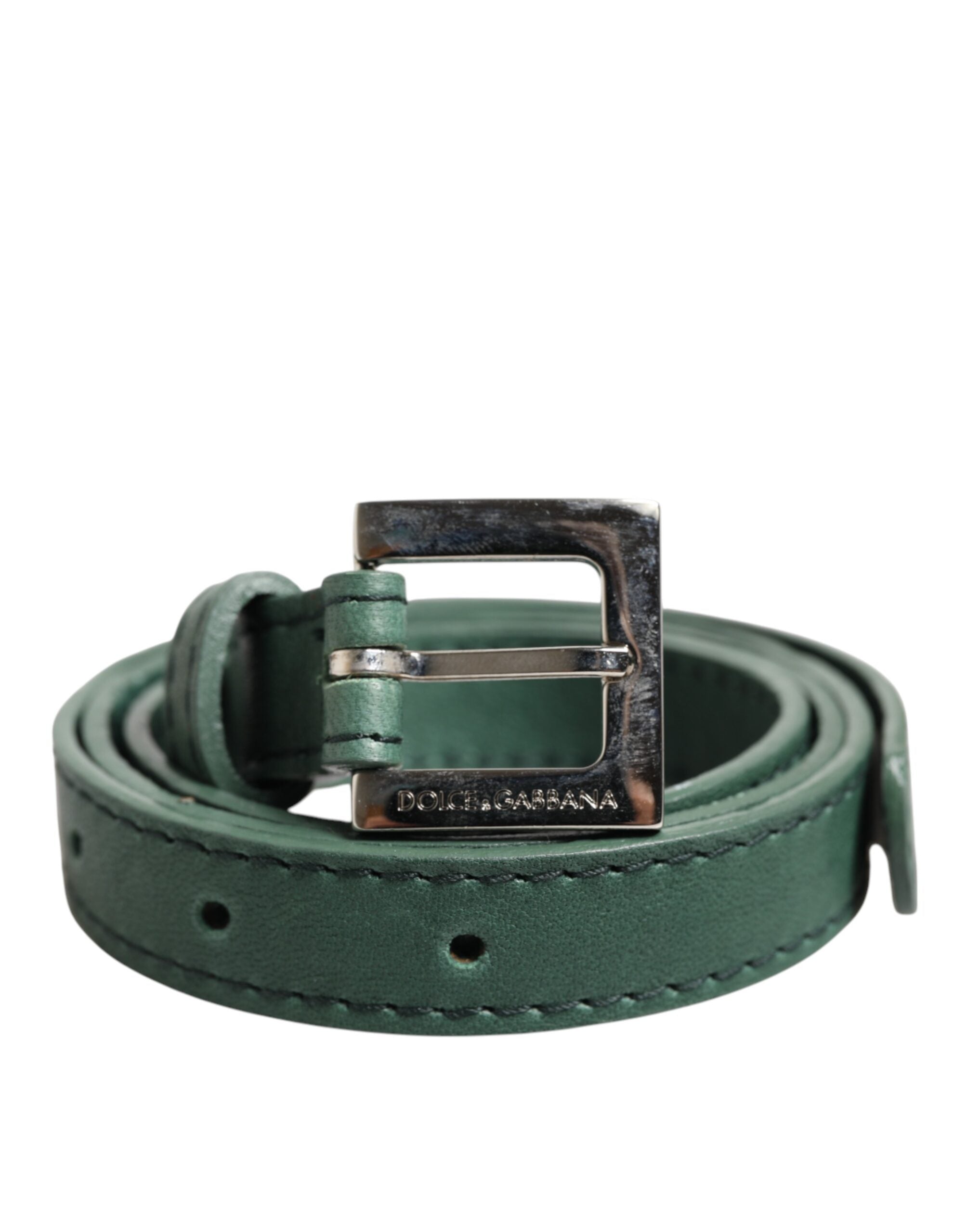 Dark Green Leather Silver Metal Buckle Belt - ventzia