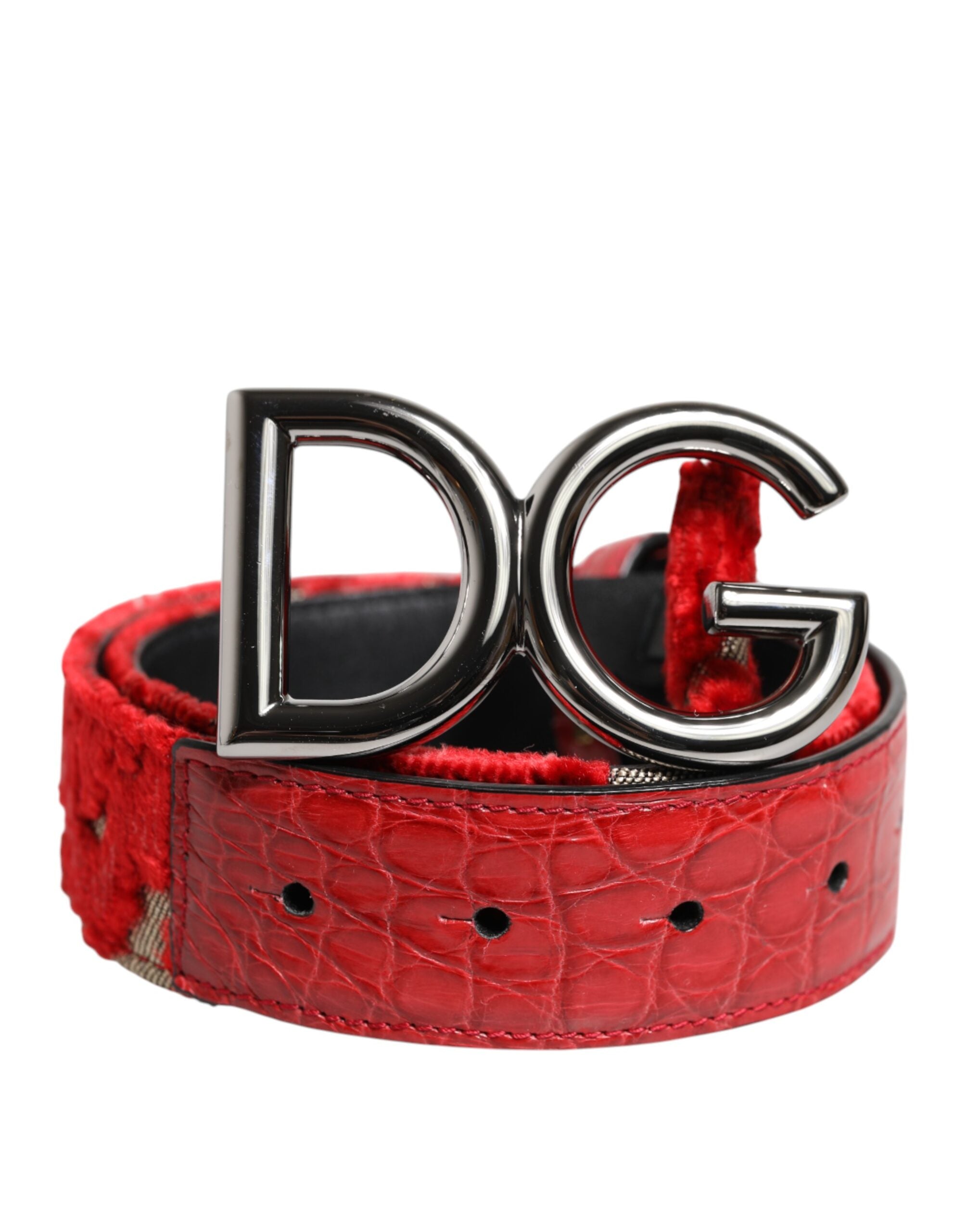 Red Viscose Silver DG Logo Metal Buckle Belt - ventzia