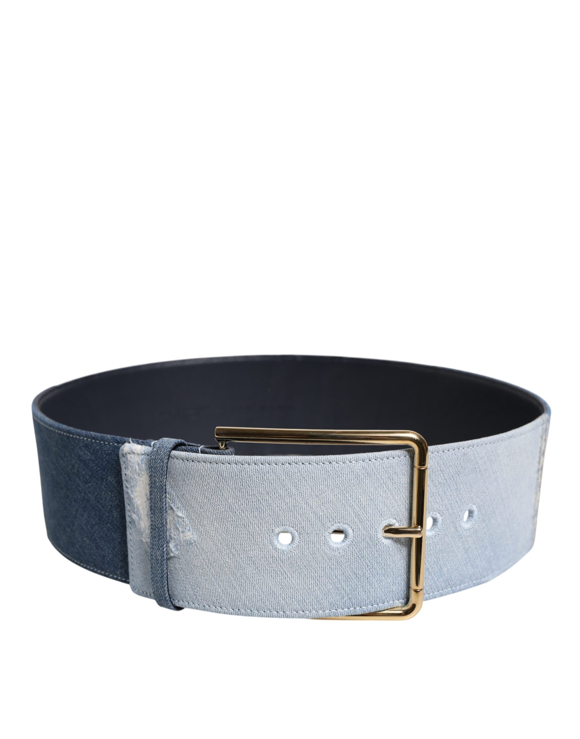 Two Tone Blue Denim Gold Metal Buckle Belt - ventzia