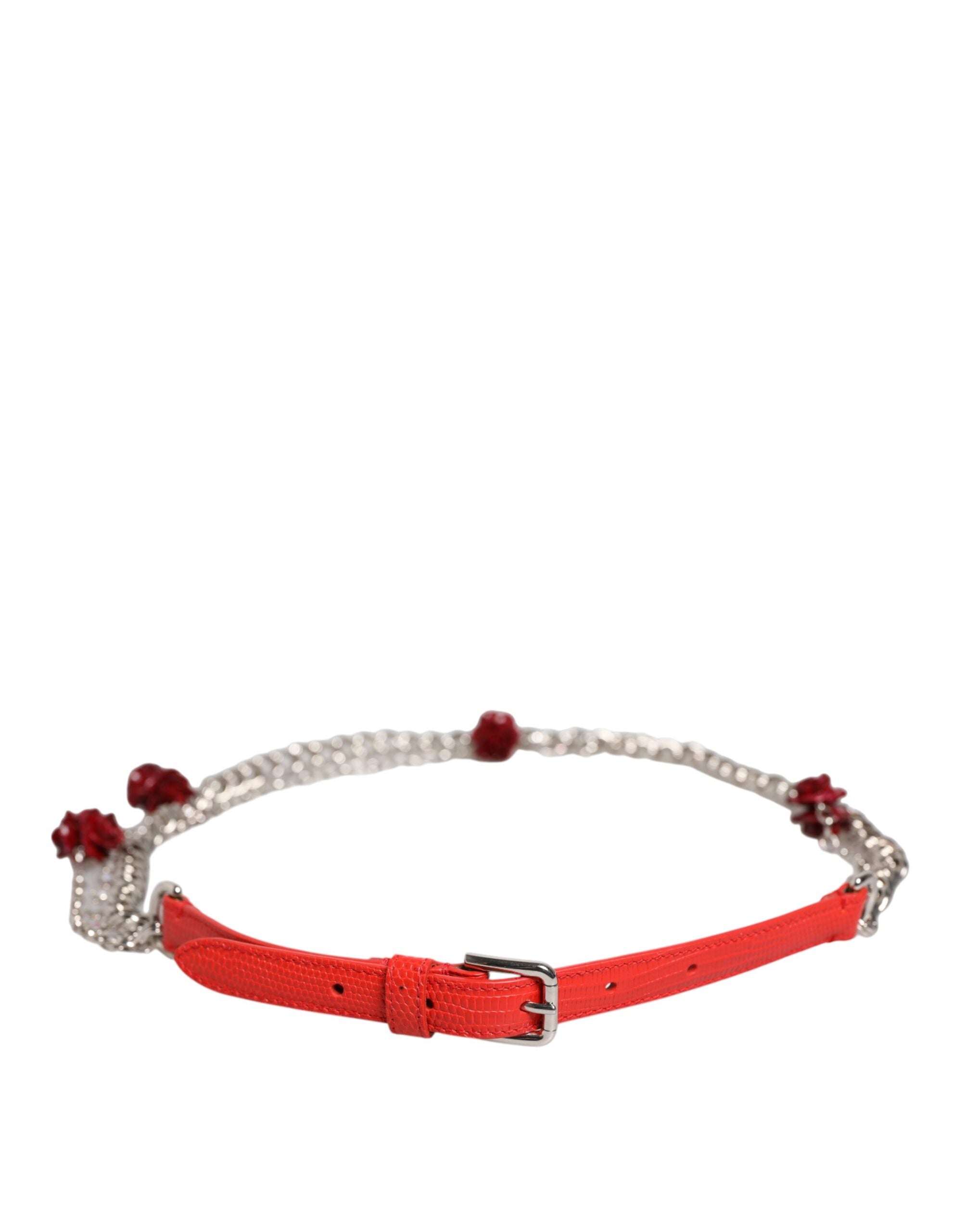 Red Leather Silver Chain Floral Cintura Belt - ventzia