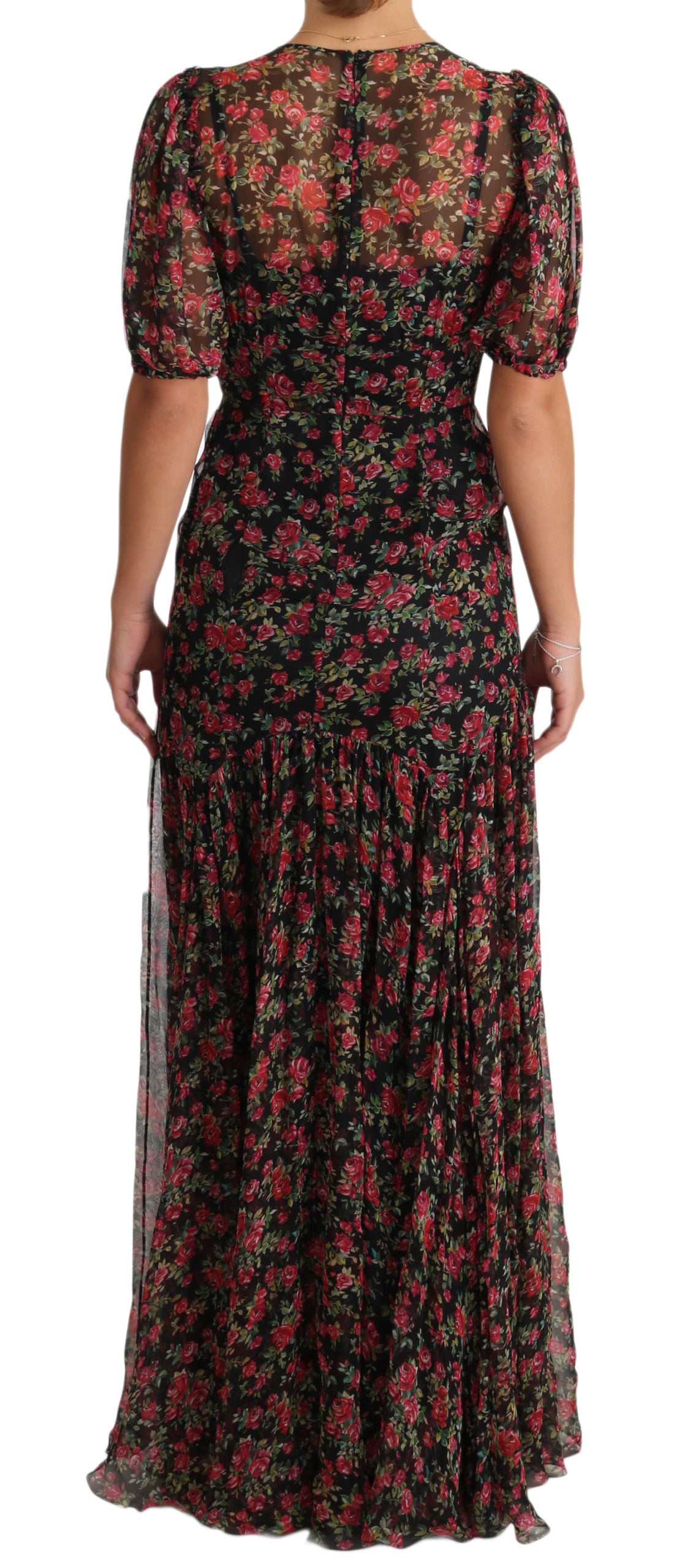 Elegant Black Silk Floral A-Line Gown - ventzia