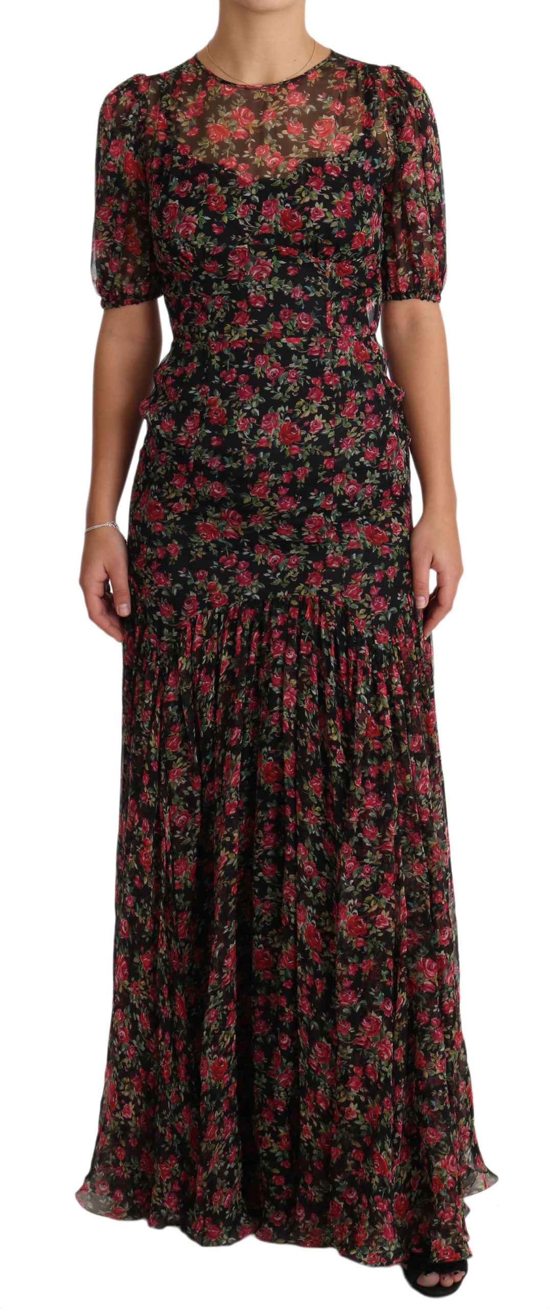 Elegant Black Silk Floral A-Line Gown - ventzia
