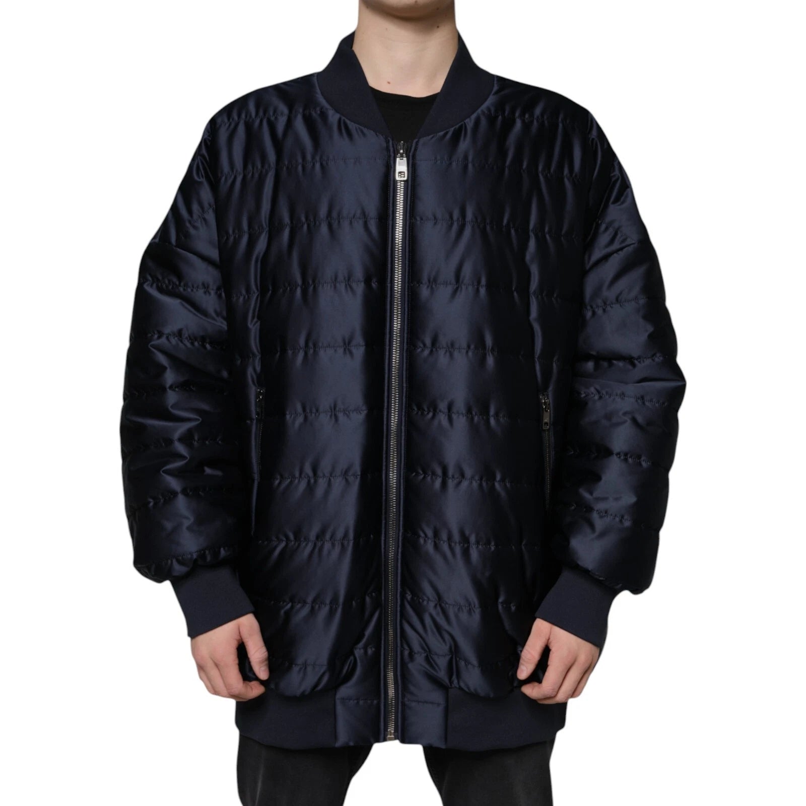 Dark Blue Quilted Full Zip Bomber Jacket - ventzia