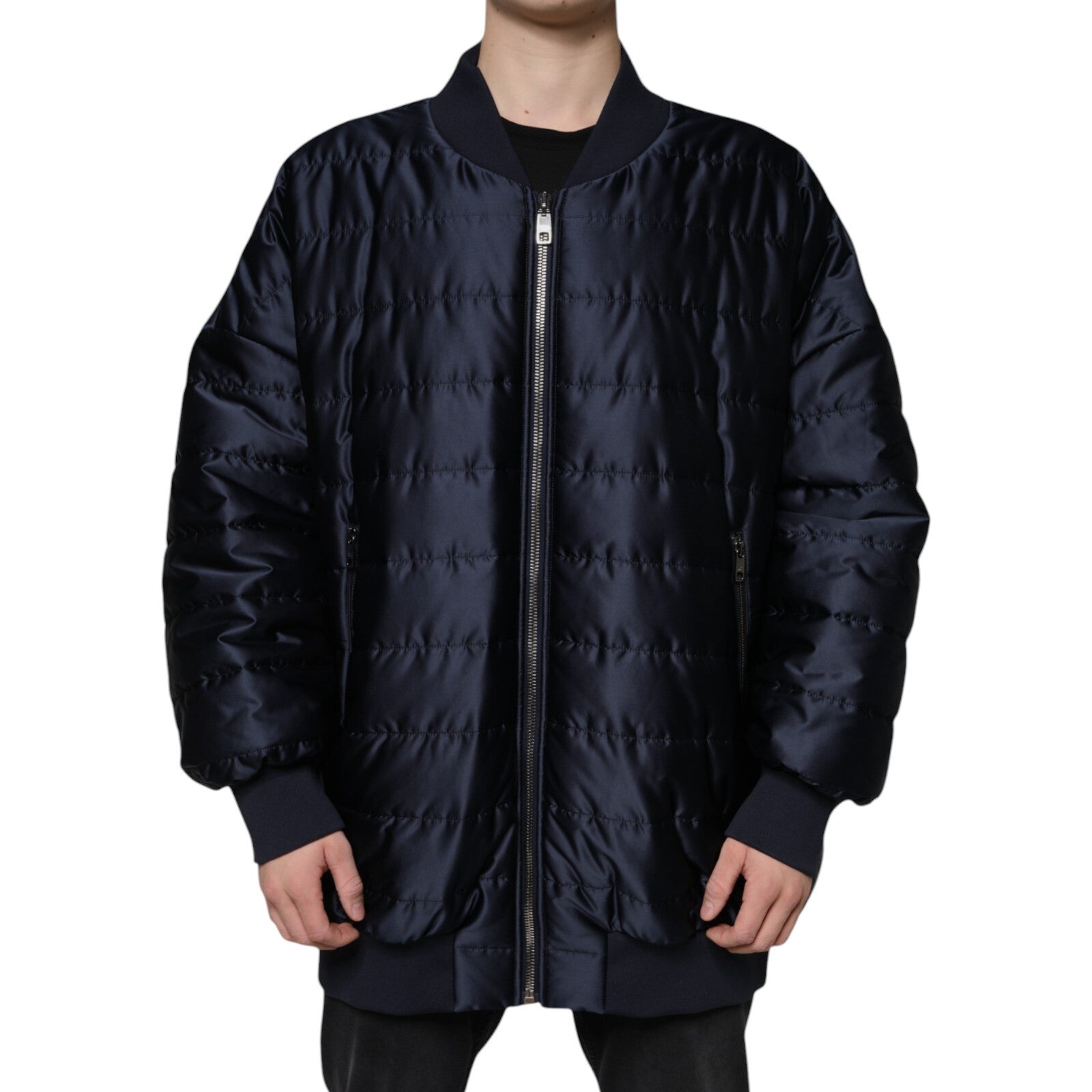 Dark Blue Quilted Full Zip Bomber Jacket - ventzia