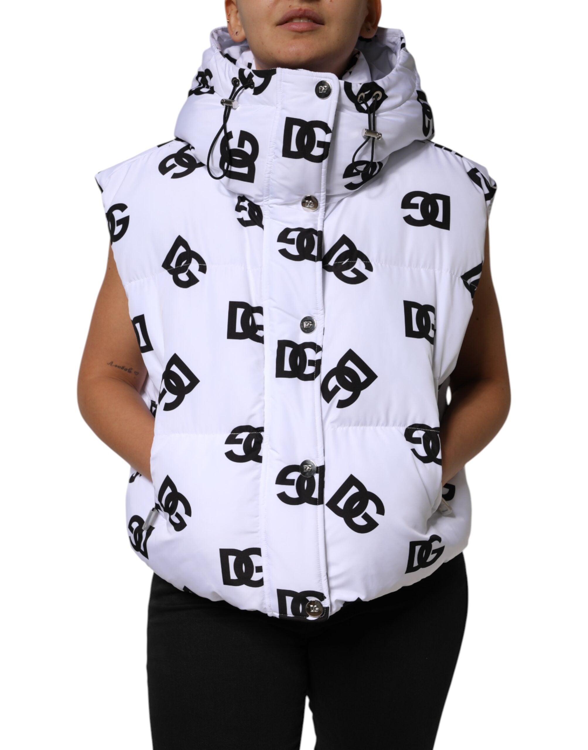 White Black DG Mania Polyester Puffer Jacket - ventzia