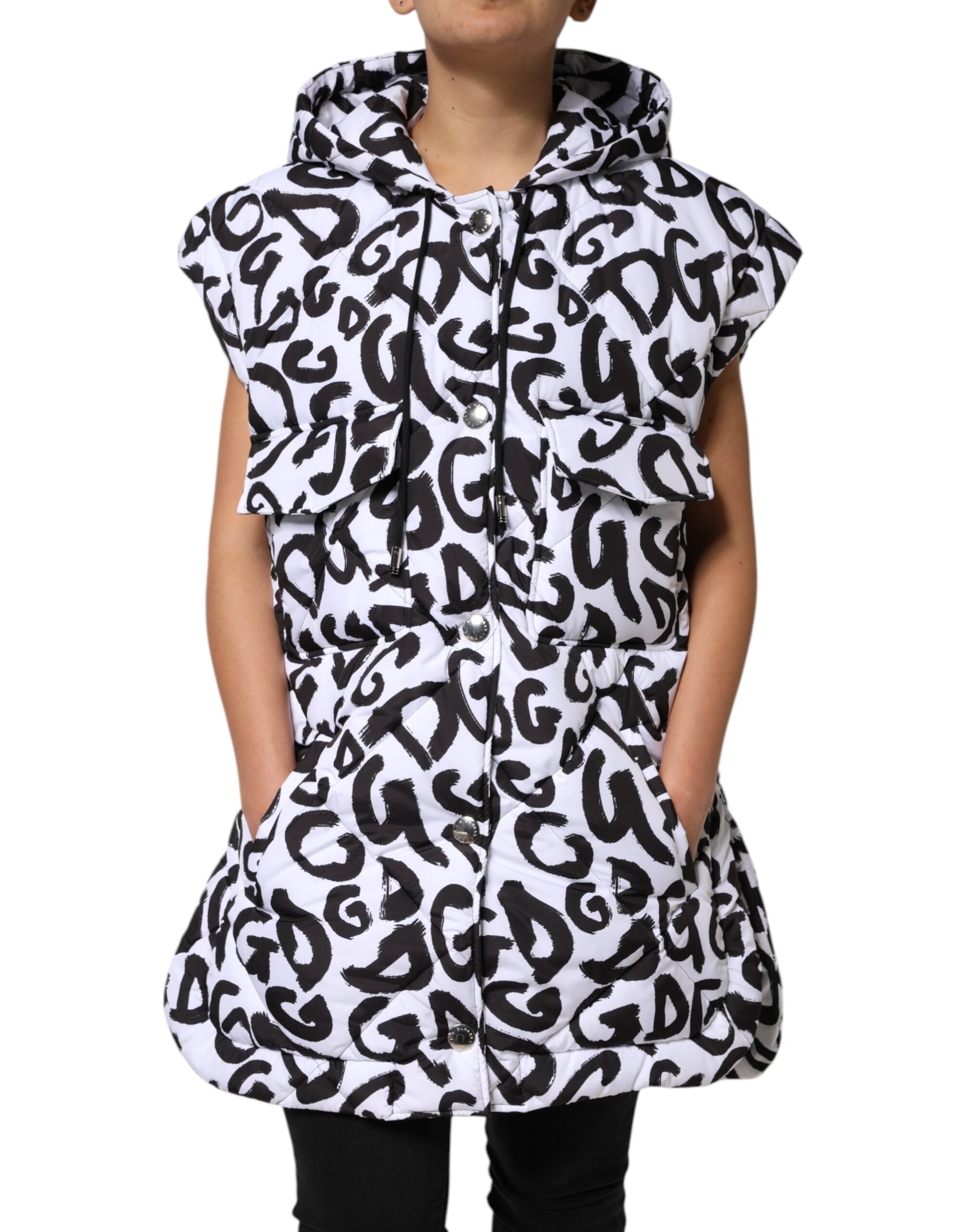 White DG Mania Hooded Sleeveless Puffer Jacket - ventzia
