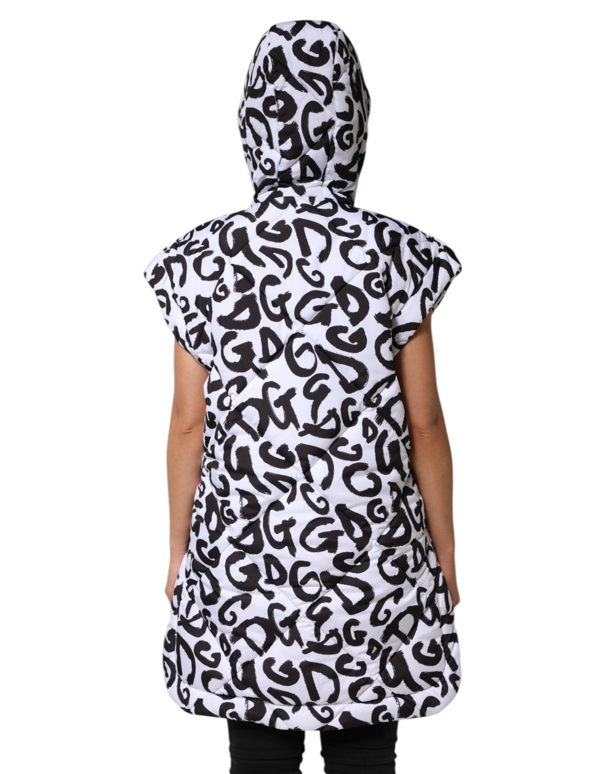 White DG Mania Hooded Sleeveless Puffer Jacket - ventzia