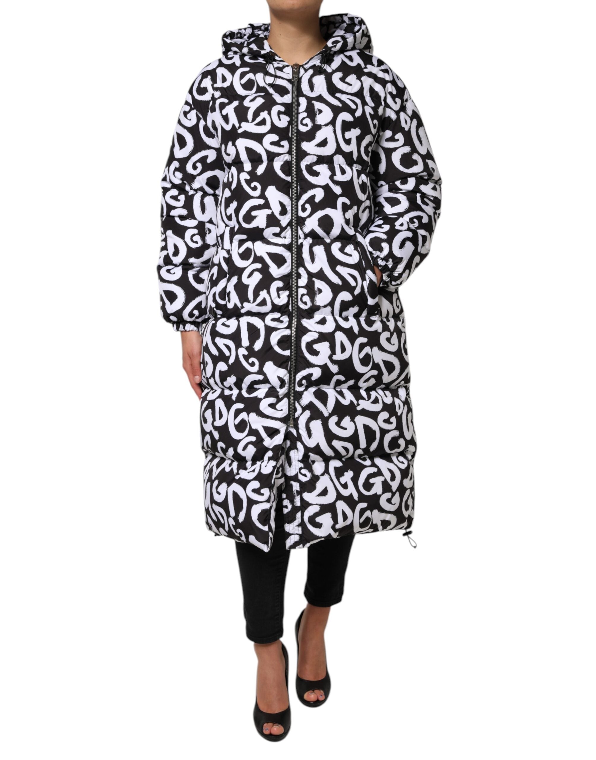 Black White DG Mania Hooded Long Coat Jacket - ventzia